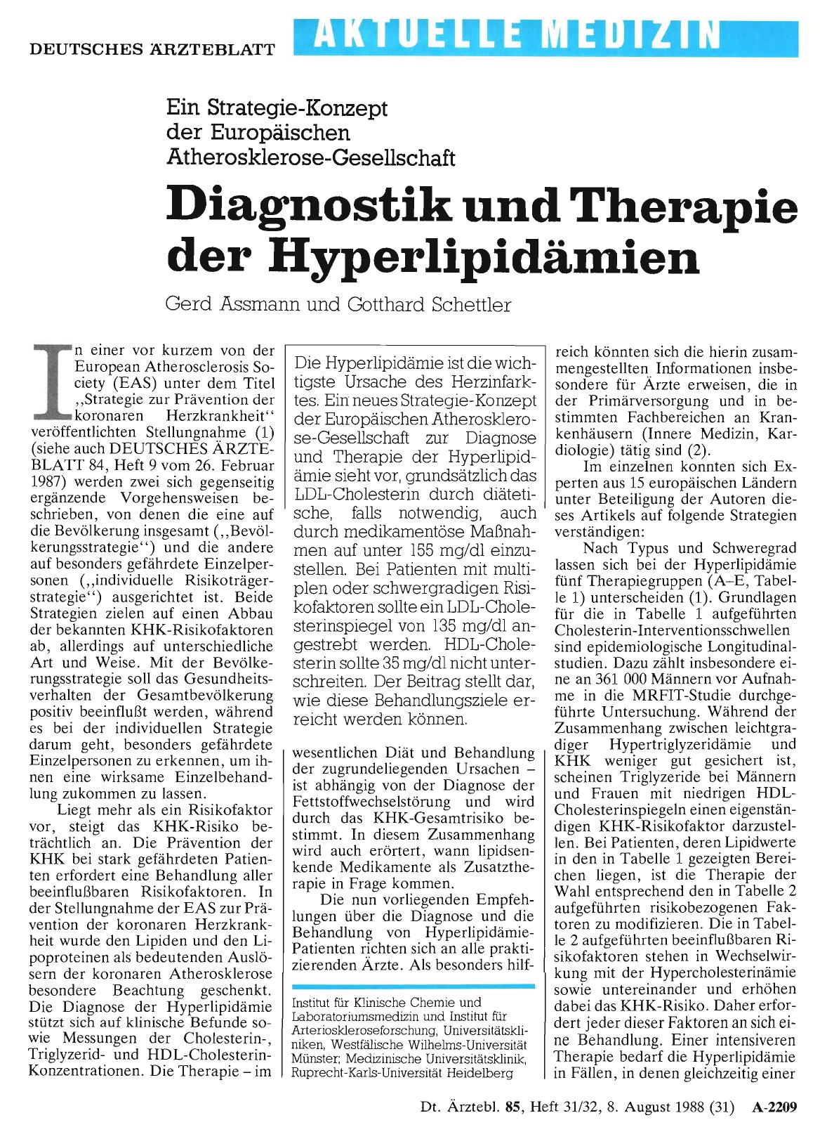 Vorschauseite 1: Diagnostik und Therapie der Hyperlipidämien: Ein Strategie-Konzept der Europäischen Atherosklerose-Gesellschaft