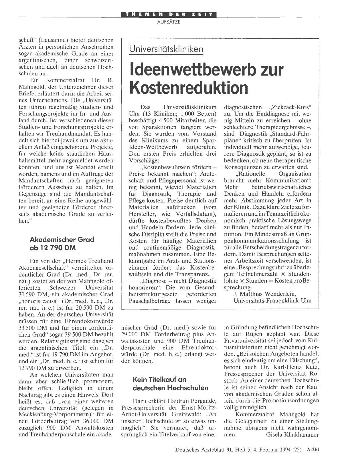 Vorschauseite 1: Universitätskliniken Ideenwettbewerb zur Kostenreduktion