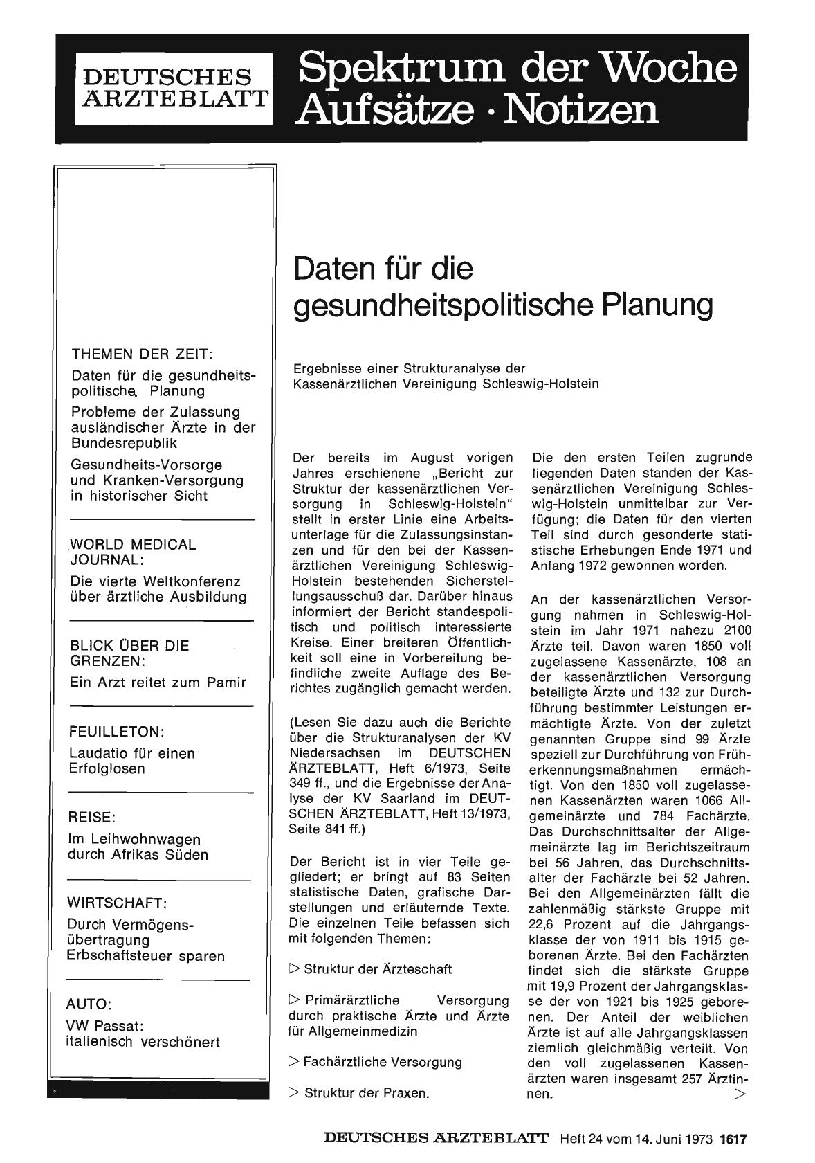 Vorschauseite 1: Daten für die gesundheitspolitische Planung: Ergebnisse einer Strukturanalyse der Kassenärztlichen Vereinigung Schleswig-Holstein