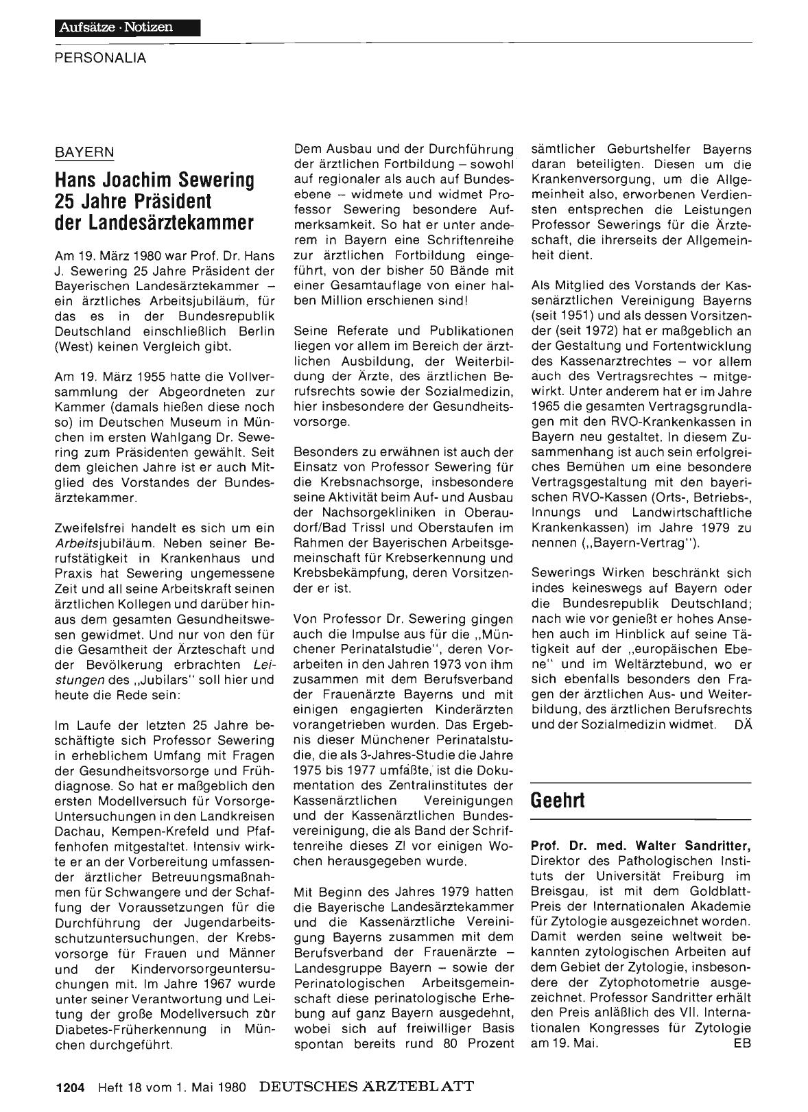 Vorschauseite 1: Bayern: Hans Joachim Sewering 25 Jahre Präsident der Landesärztekammer