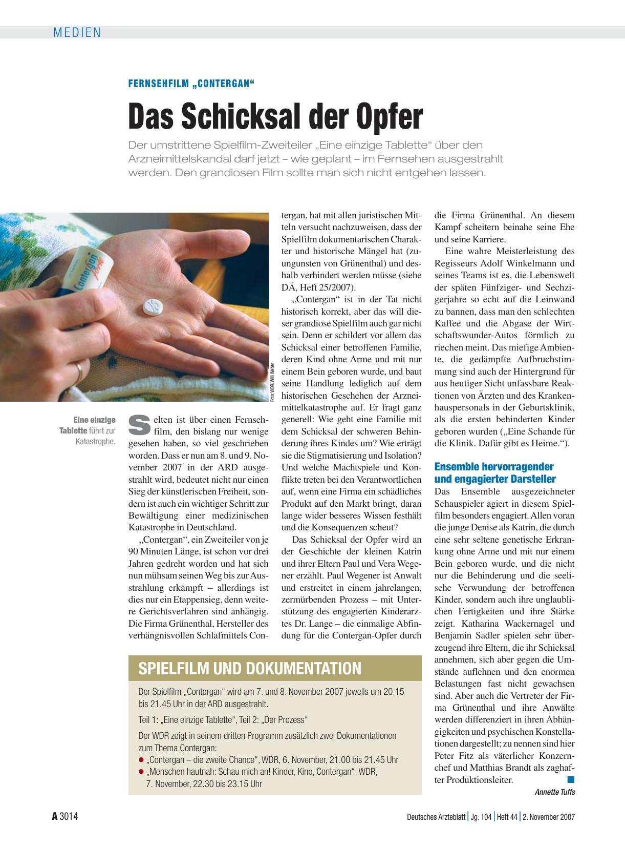 Vorschauseite 1: Fernsehfilm „Contergan“: Das Schicksal der Opfer