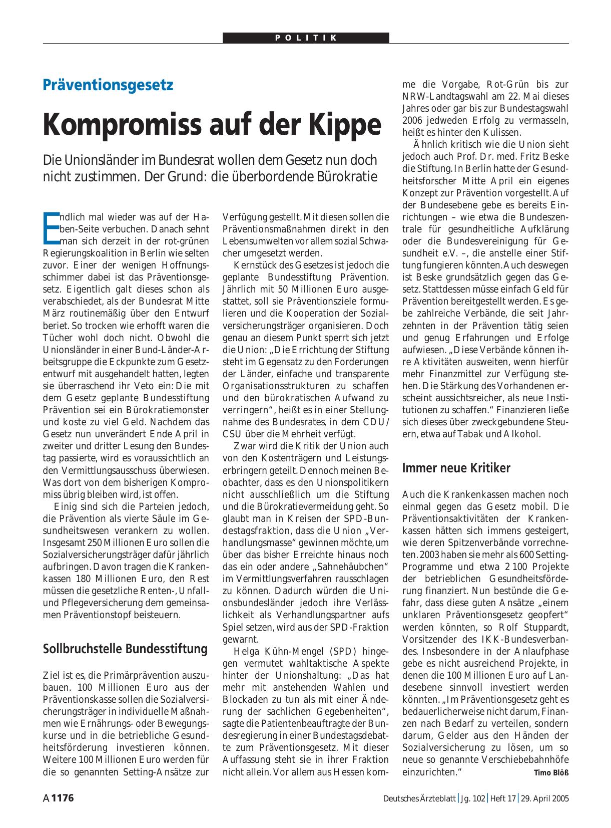 Vorschauseite 1: Präventionsgesetz: Kompromiss auf der Kippe