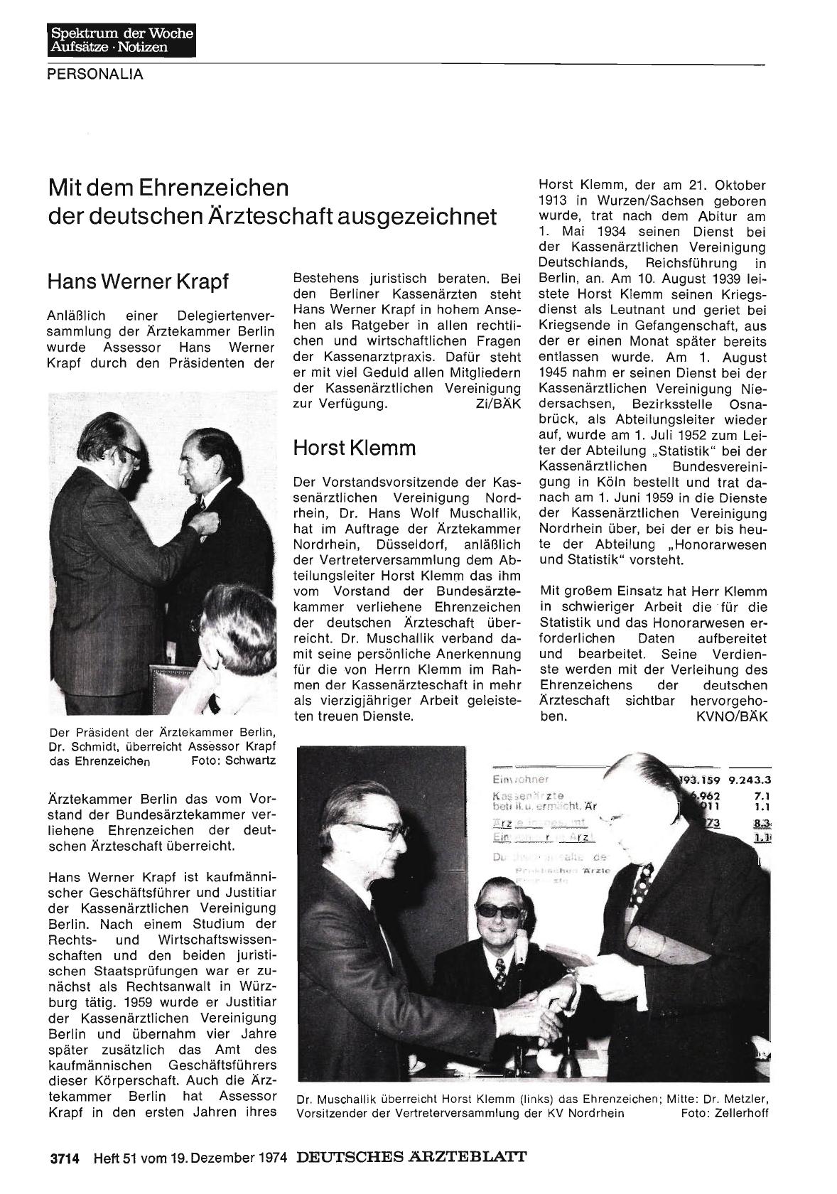 Vorschauseite 1: Mit dem Ehrenzeichen der deutschen Ärzteschaft ausgezeichnet