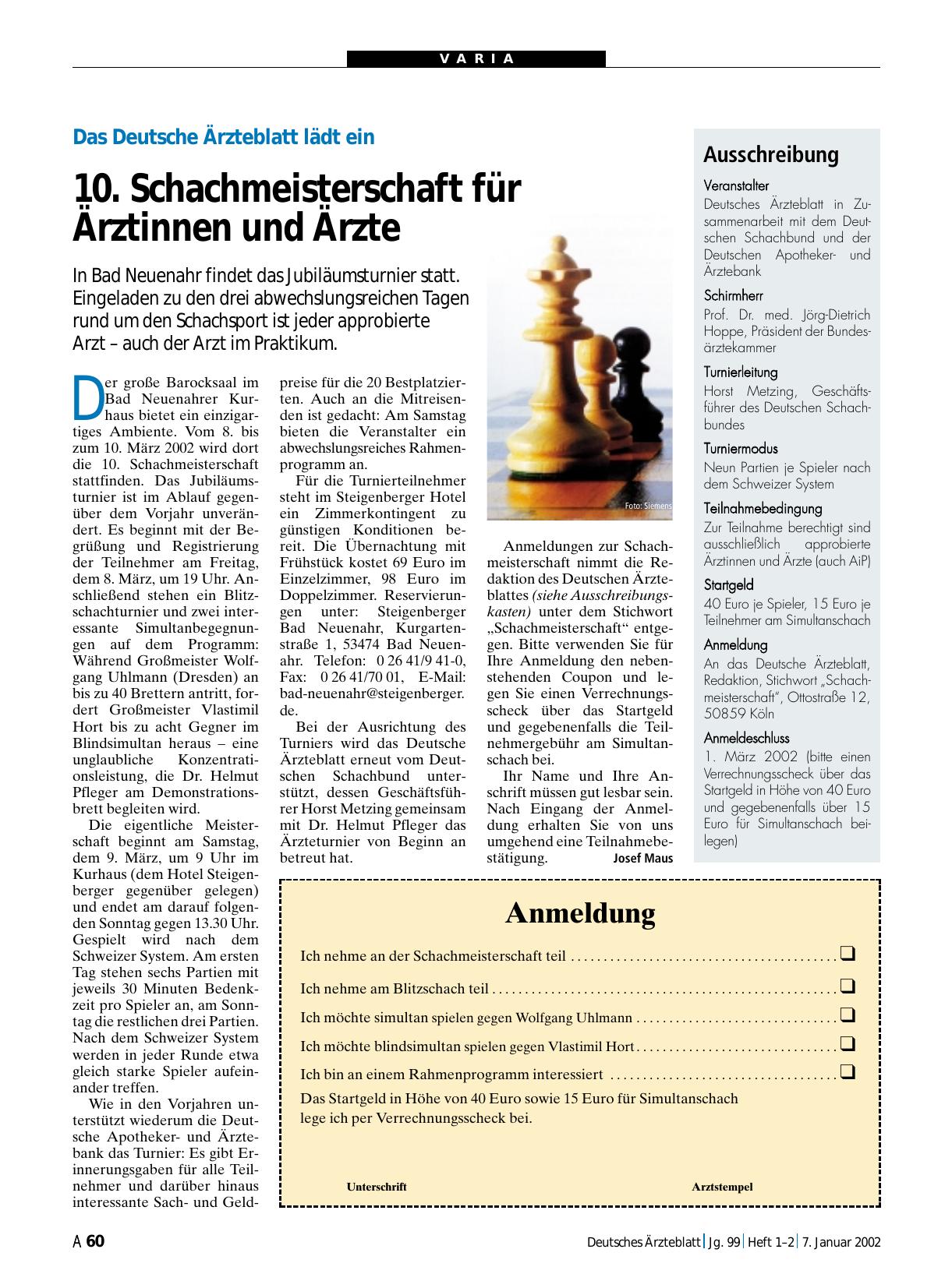 Vorschauseite 1: Das Deutsche Ärzteblatt lädt ein: 10. Schachmeisterschaft für Ärztinnen und Ärzte