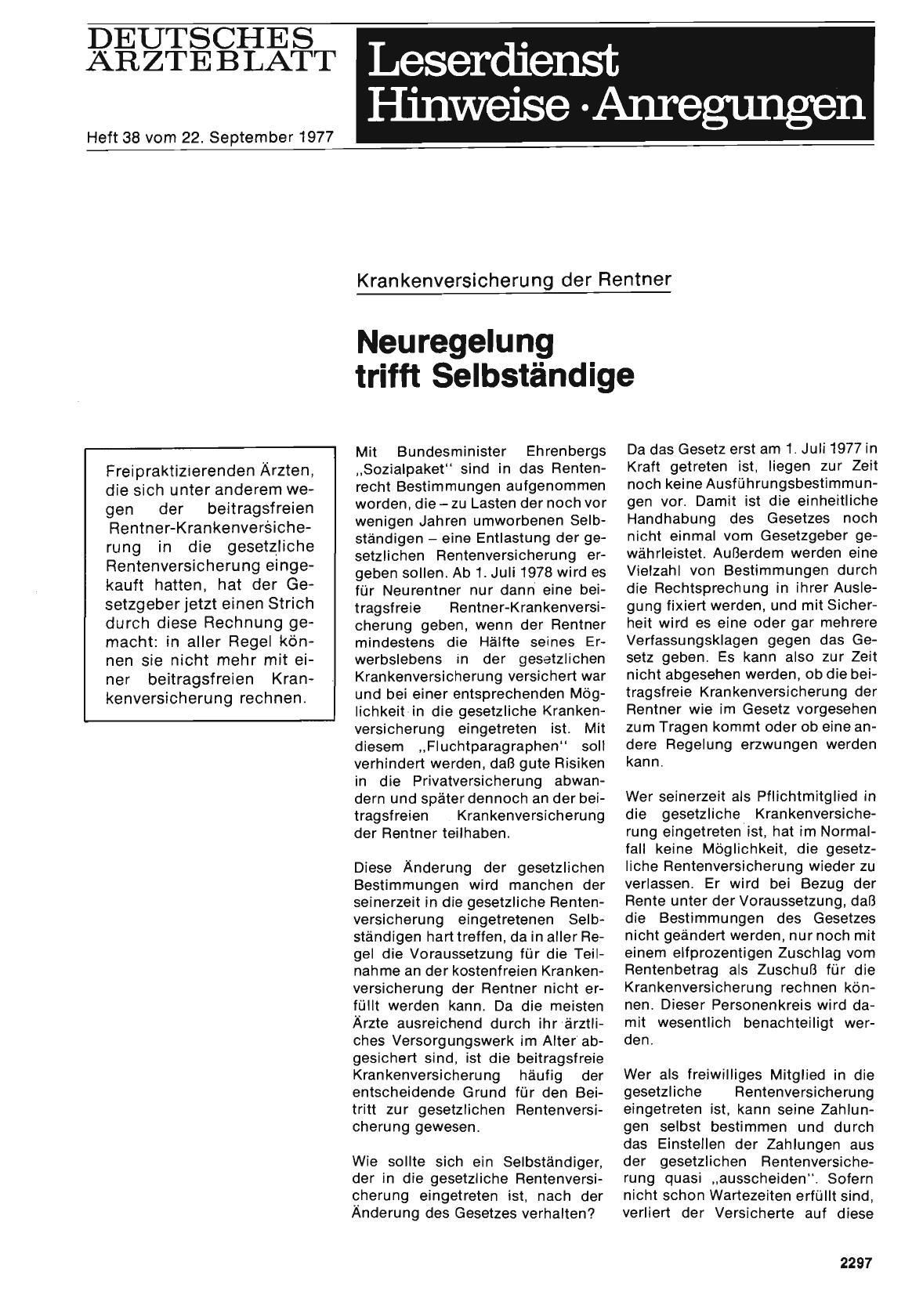 Vorschauseite 1: Krankenversicherung der Rentner: Neuregelung trifft Selbständige