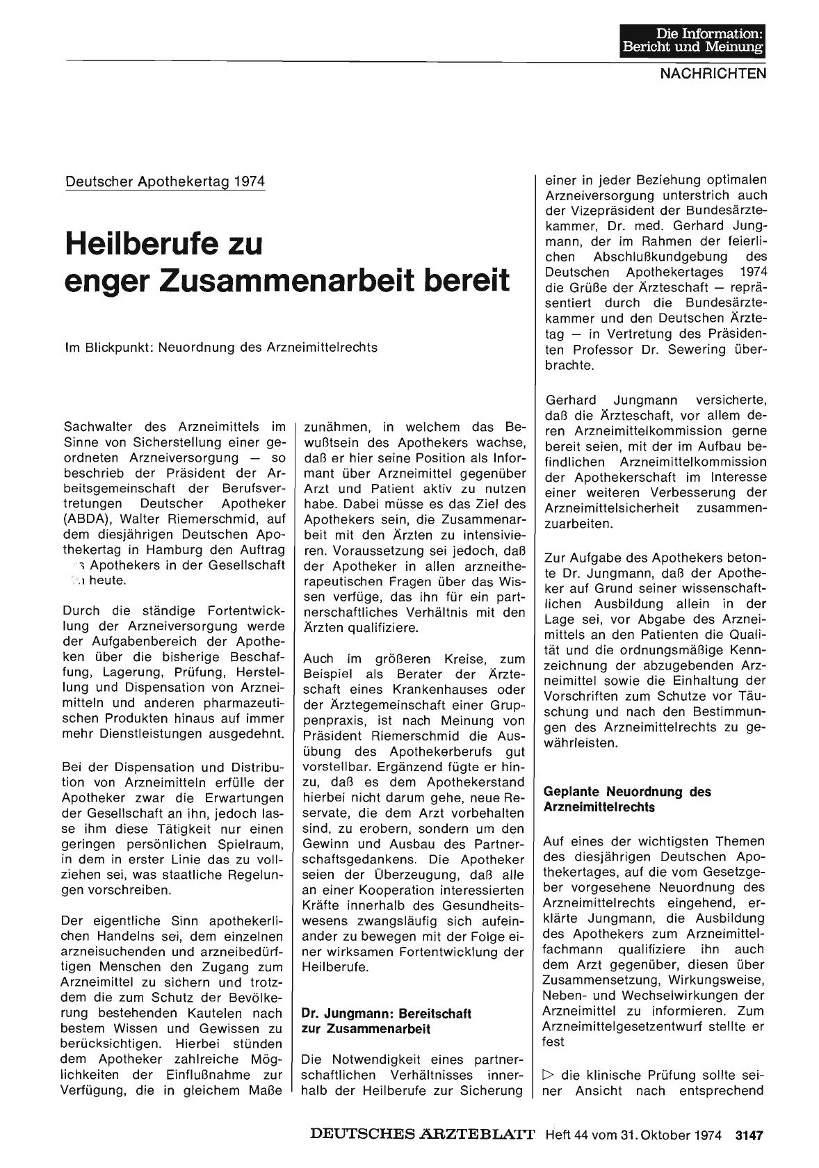 Vorschauseite 1: Deutscher Apothekertag 1974: Heilberufe zu enger Zusammenarbeit bereit