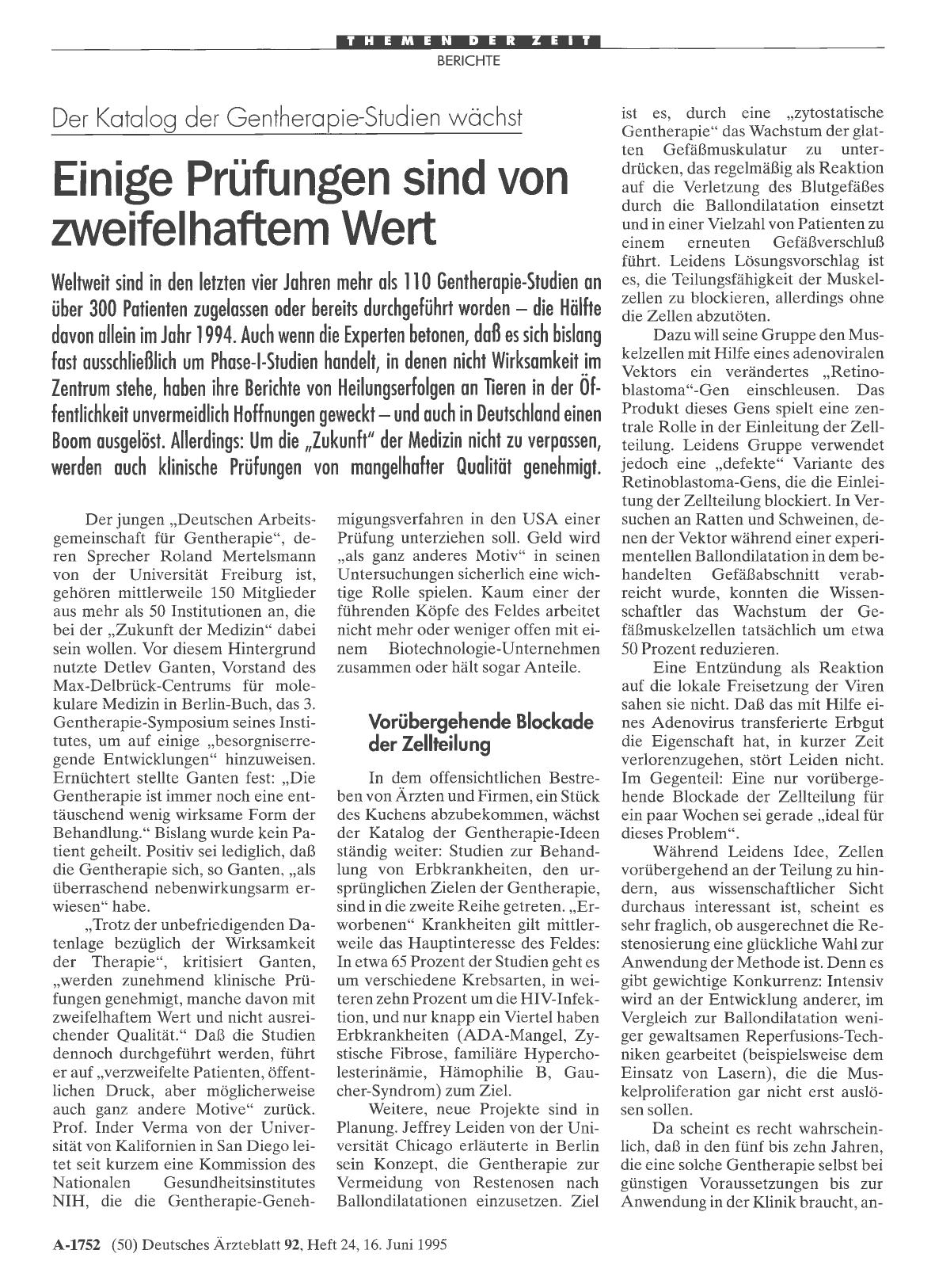 Vorschauseite 1: Der Katalog der Gentherapie-Studien wächst: Einige Prüfungen sind von zweifelhaftem Wert