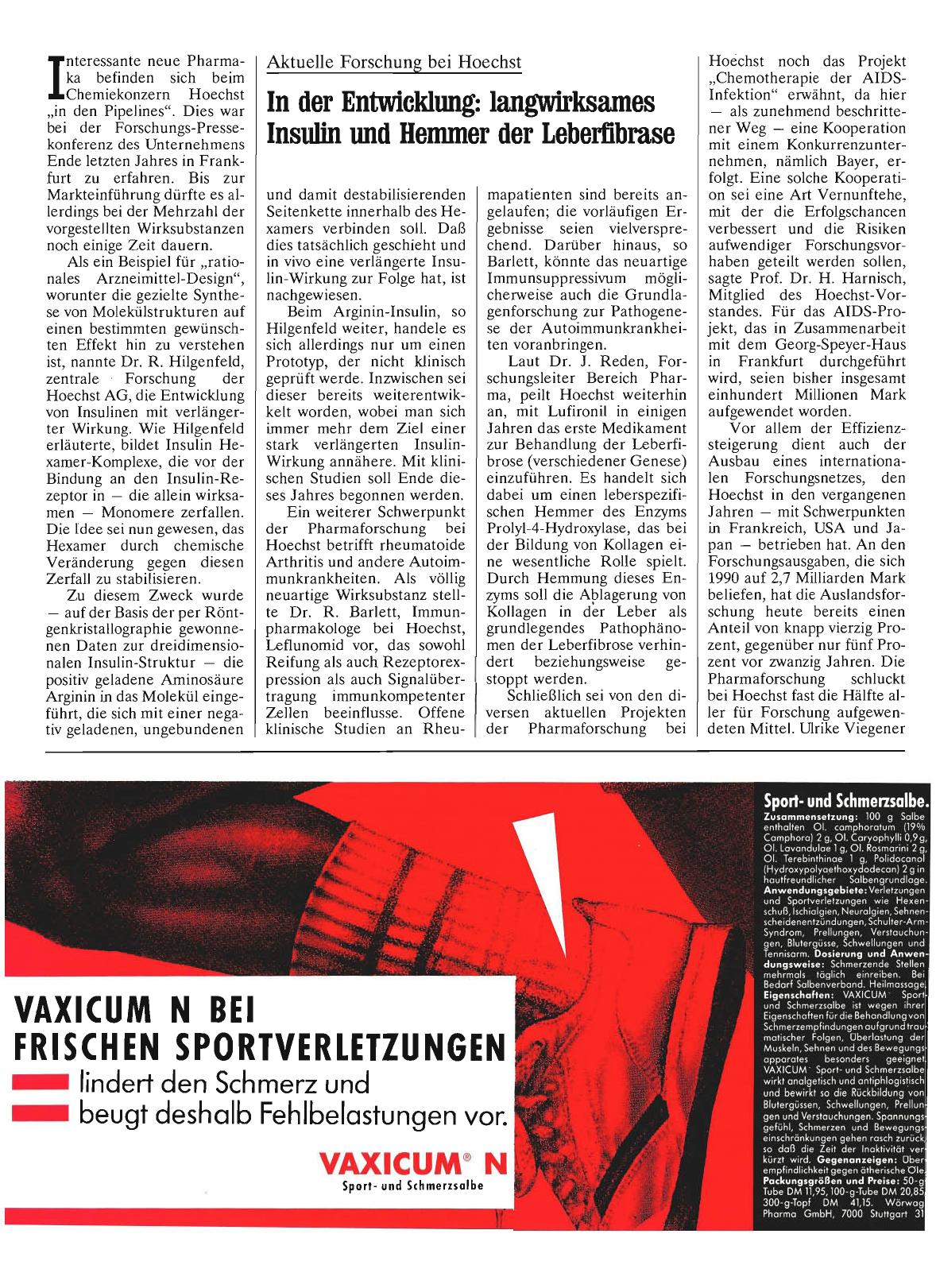 Vorschauseite 1: Aktuelle Forschung bei Hoechst: In der Entwicklung: langwirksames Insulin und Hemmer der Leberübrase