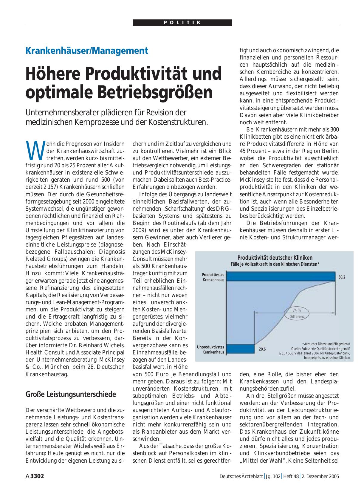 Vorschauseite 1: Krankenhäuser/Management: Höhere Produktivität und optimale Betriebsgrößen