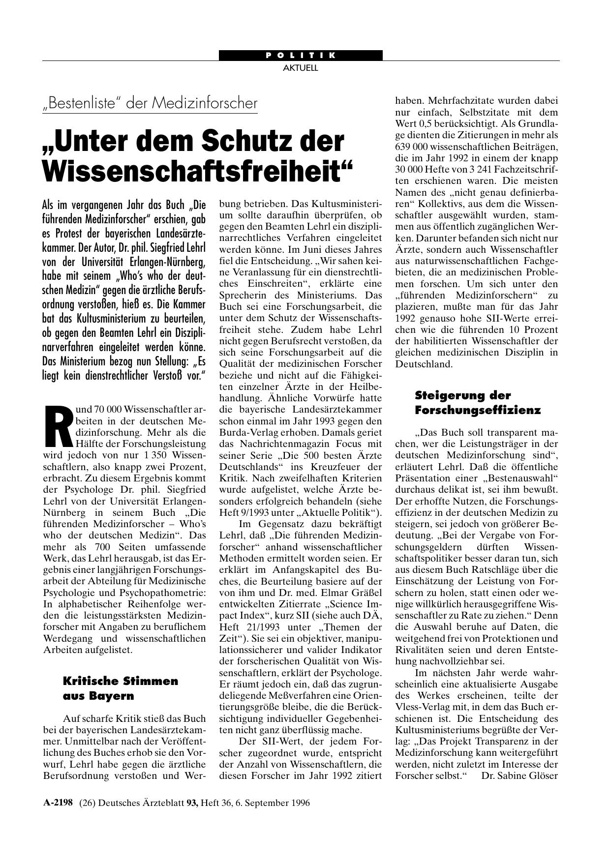 Vorschauseite 1: „Bestenliste„ der Medizinforscher: „Unter dem Schutz der Wissenschaftsfreiheit„