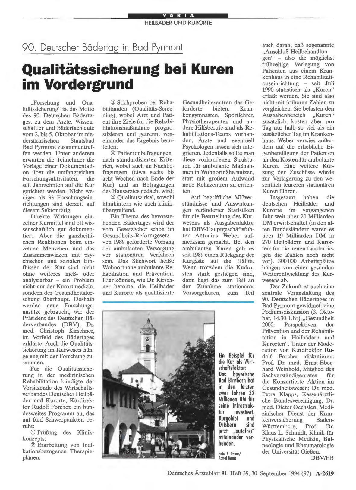 Vorschauseite 1: 90. Deutscher Bädertag in Bad Pyrmont: Qualitätssicherung bei Kuren im Vordergrund