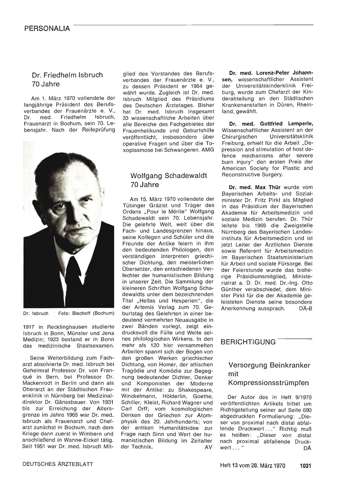 Vorschauseite 1: Wolfgang Schadewaldt 70 Jahre