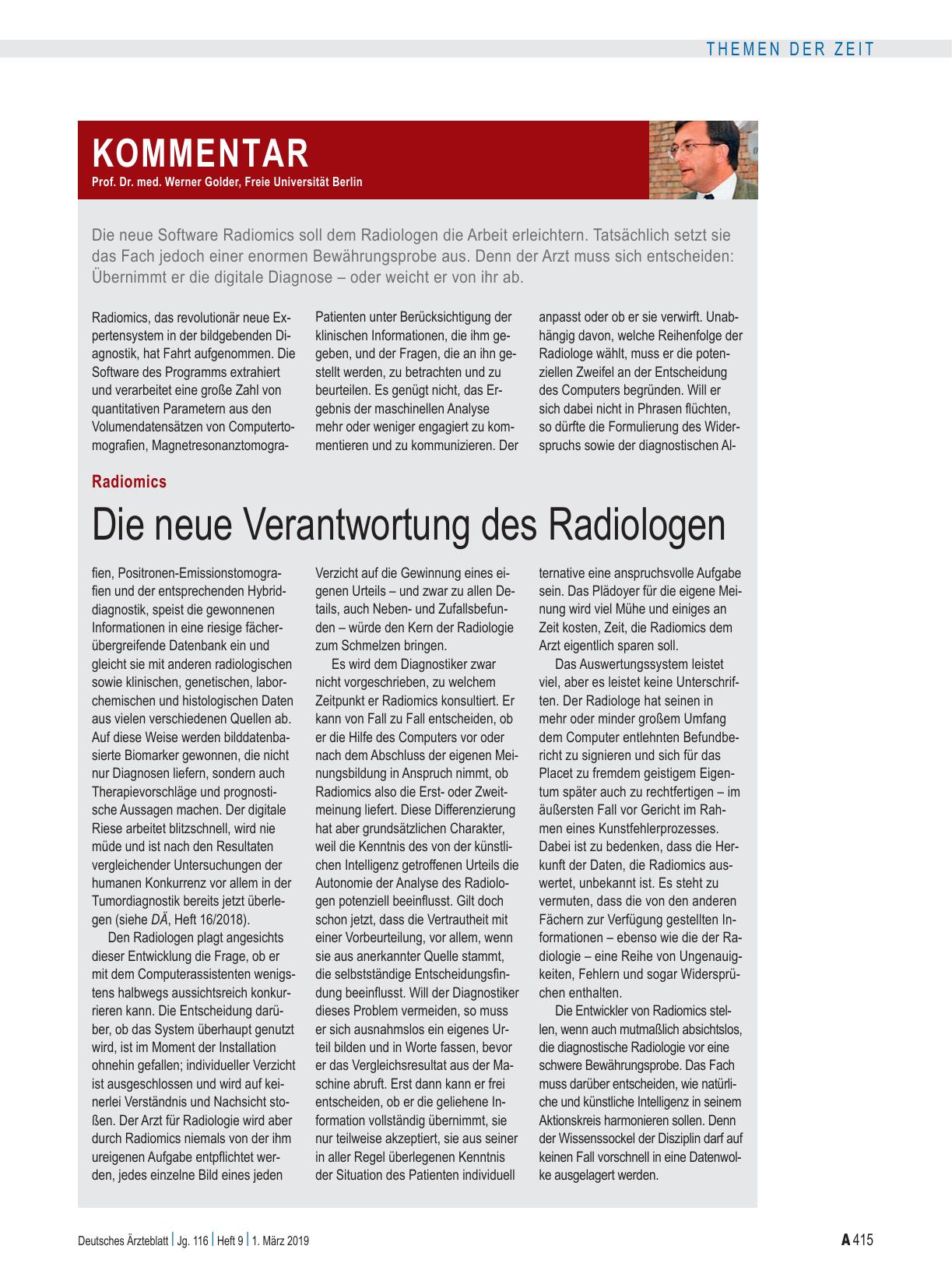 Vorschauseite 1: Radiomics: Die neue Verantwortung des Radiologen