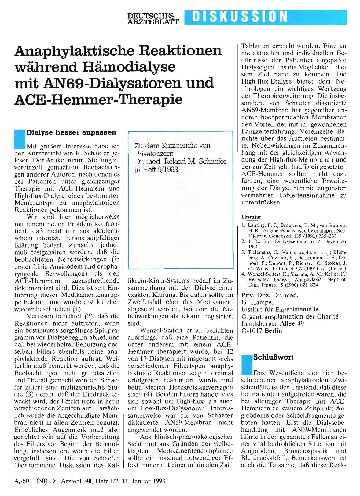 Vorschauseite 1: Anaphylaktische Reaktionen während Hämodialyse mit AN69-Dialysatoren und ACE -Hemmer-Therapie: Dialyse besser anpassen