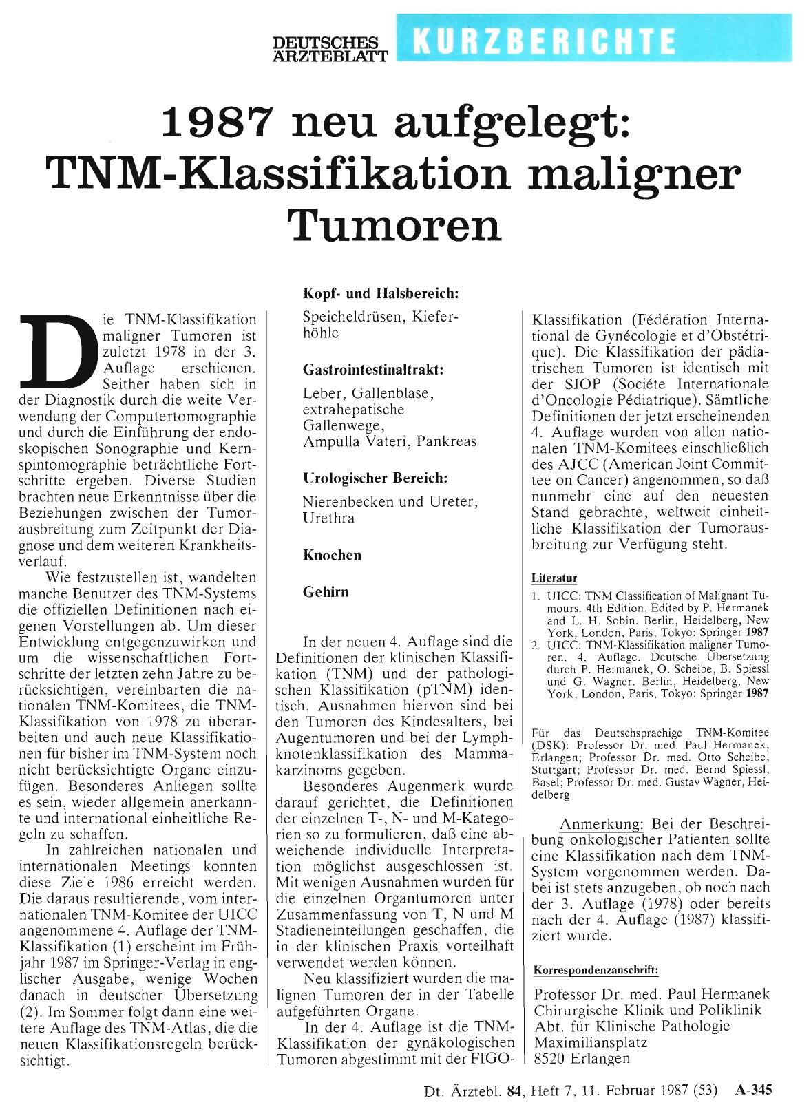 Vorschauseite 1: 1987 neu aufgelegt: TNM-Klassifikation maligner Tumoren