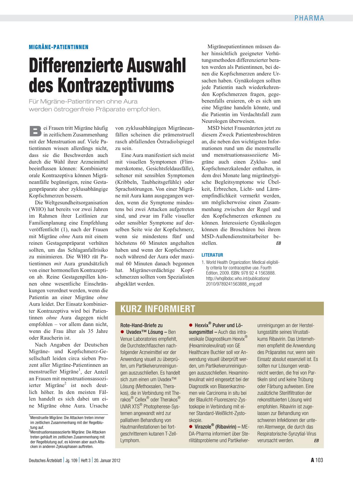 Vorschauseite 1: Migräne-Patientinnen: Differenzierte Auswahl des Kontrazeptivums