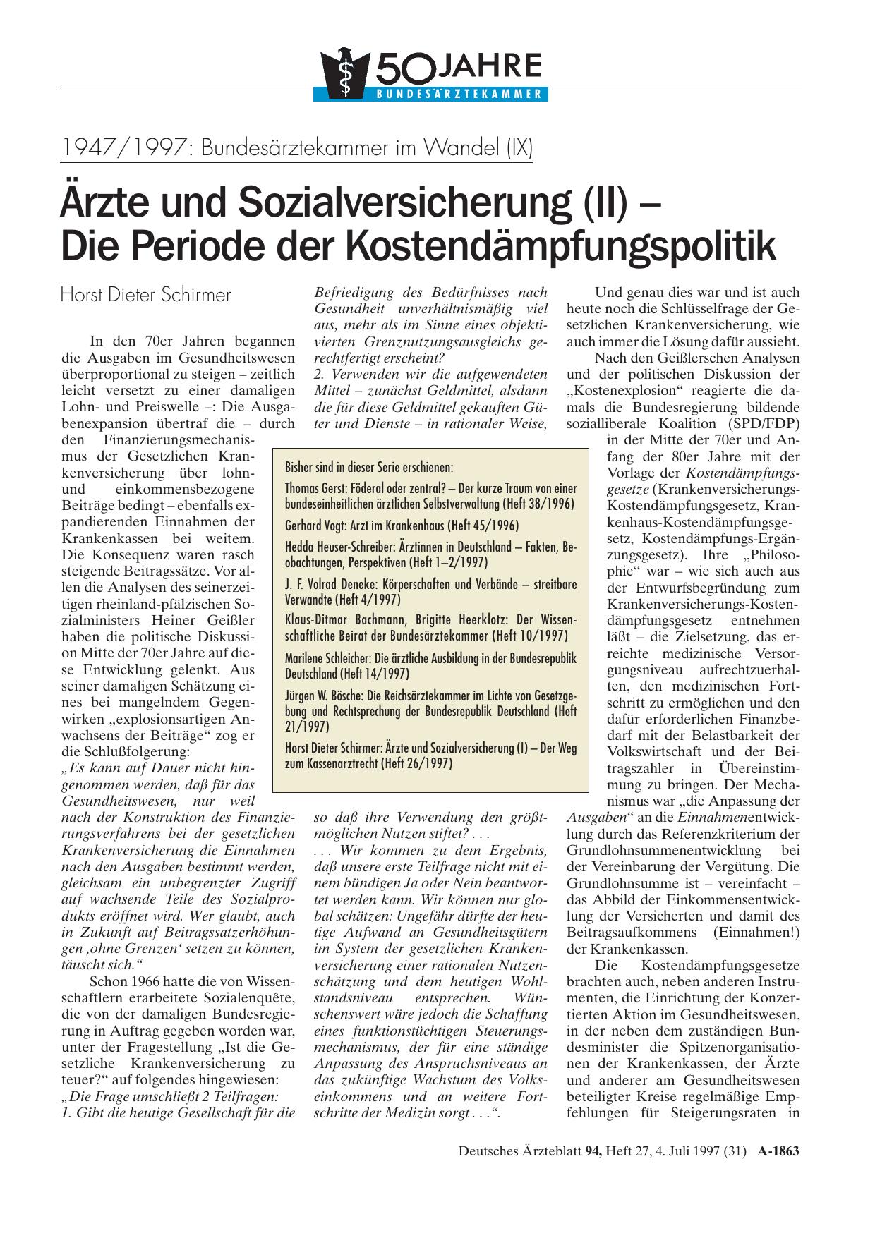 Vorschauseite 1: 1947/1997 – Bundesärztekammer im Wandel (IX): Ärzte und Sozialversicherung (II) -Die Periode der Kostendämpfungspolitik