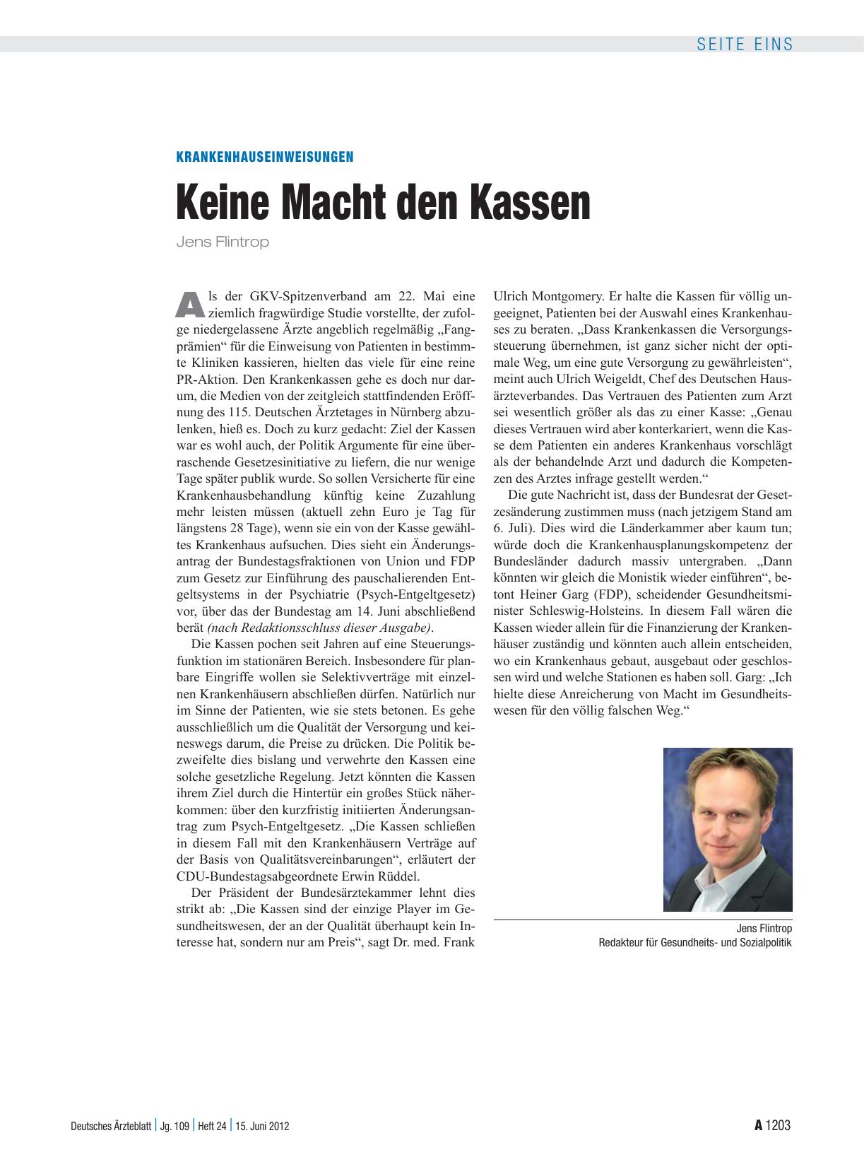 Vorschauseite 1: Krankenhauseinweisungen: Keine Macht den Kassen