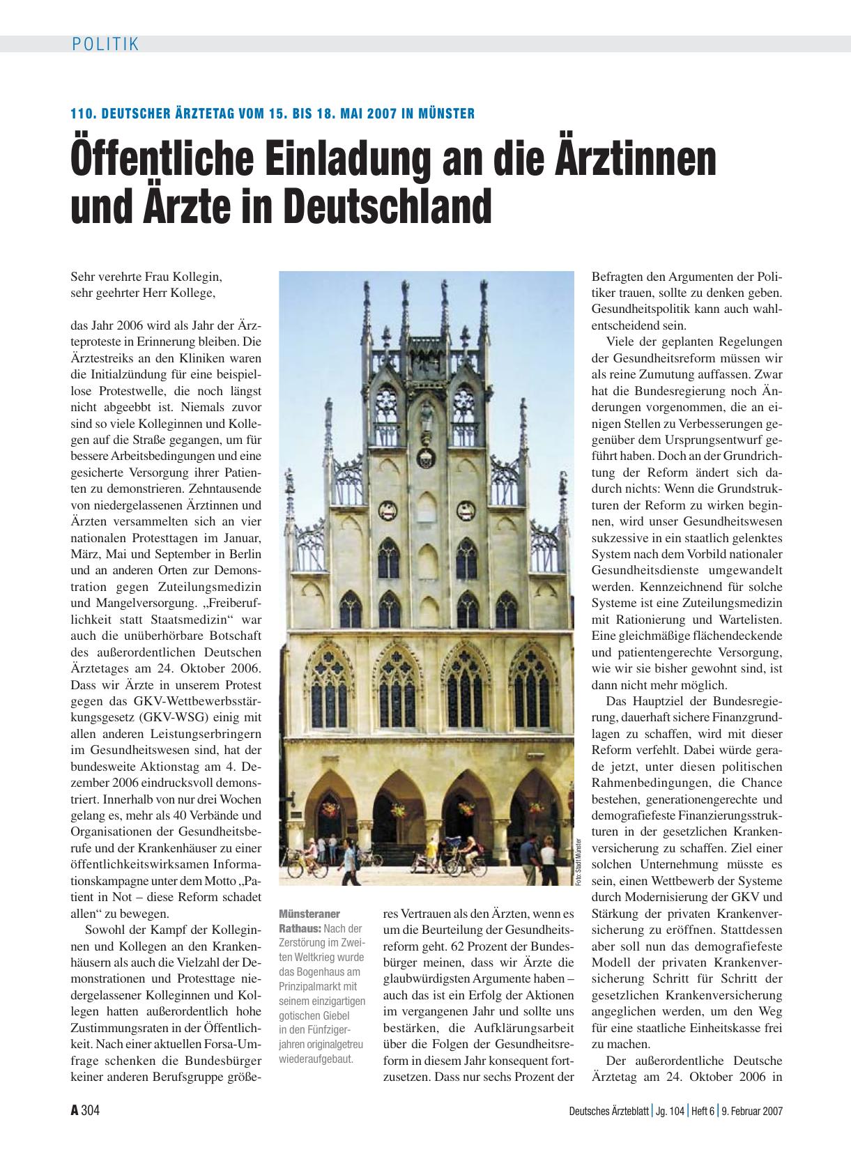 Vorschauseite 1: 110. Deutscher Ärztetag vom 15. bis 18. Mai 2007 in Münster: Öffentliche Einladung an die Ärztinnen und Ärzte in Deutschland