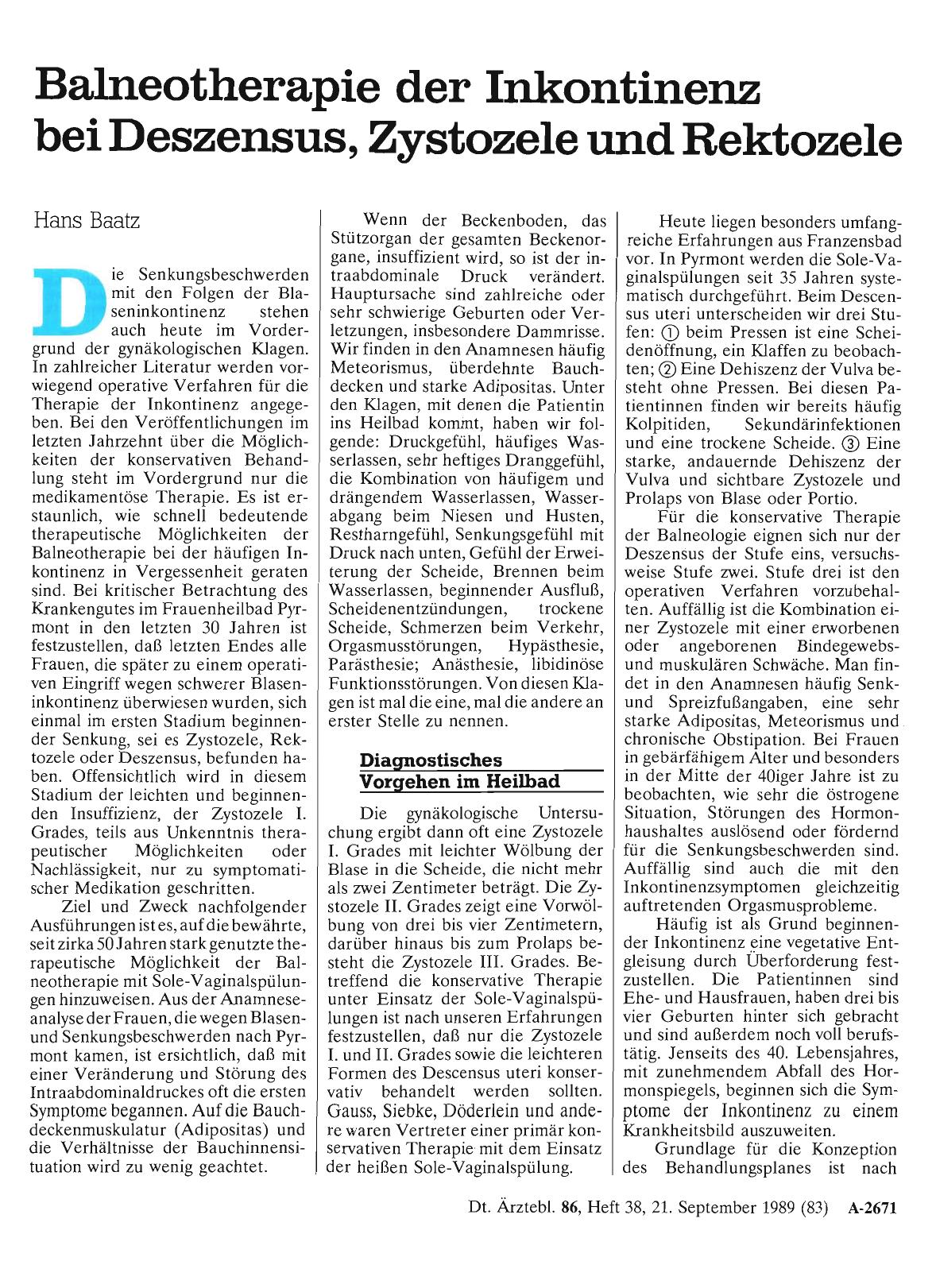 Vorschauseite 1: Balneotherapie der Inkontinenz bei Deszensus, Zystozele und Rektozele