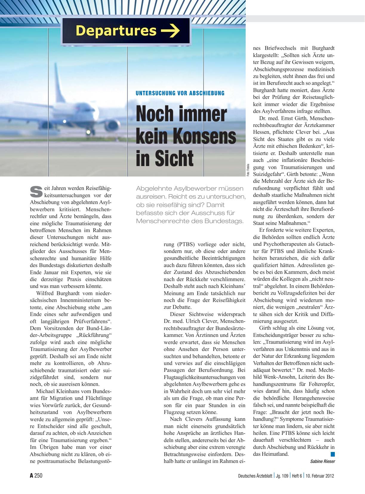 Vorschauseite 1: Untersuchung vor Abschiebung: Noch immer kein Konsens in Sicht