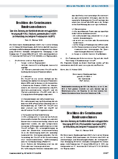 Vorschauseite 1: Beschluss des Gemeinsamen Bundesausschusses über eine Änderung der Richtlinie Methoden vertragsärztliche Versorgung (MVV-RL): Thulium-Laserenukleation (TmLEP) zur Behandlung des b…