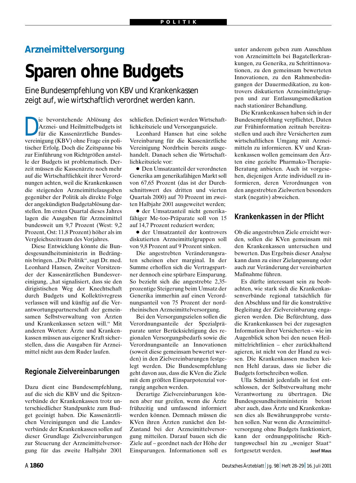Vorschauseite 1: Arzneimittelversorgung: Sparen ohne Budgets
