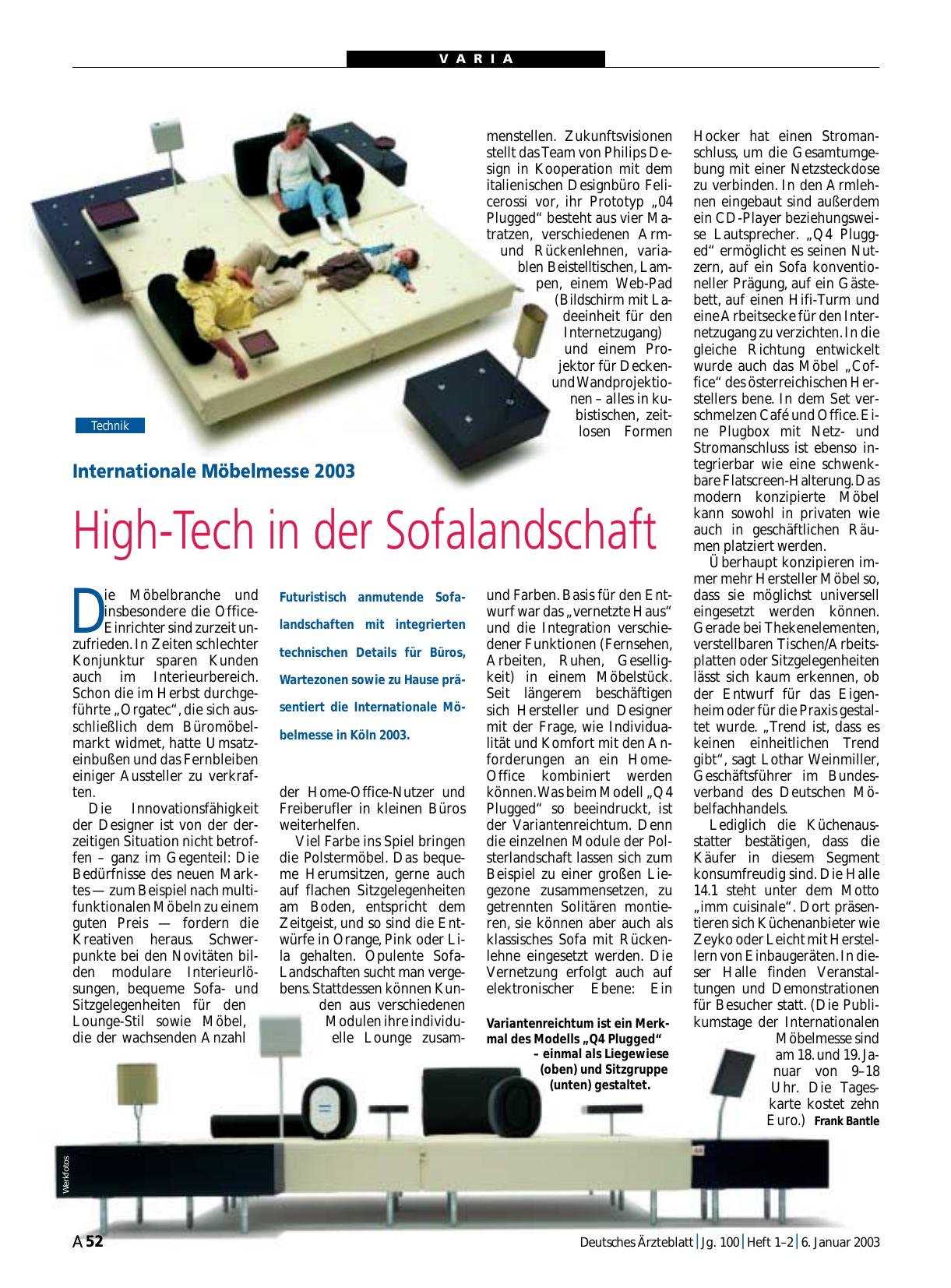 Vorschauseite 1: Internationale Möbelmesse 2003: High-Tech in der Sofalandschaft