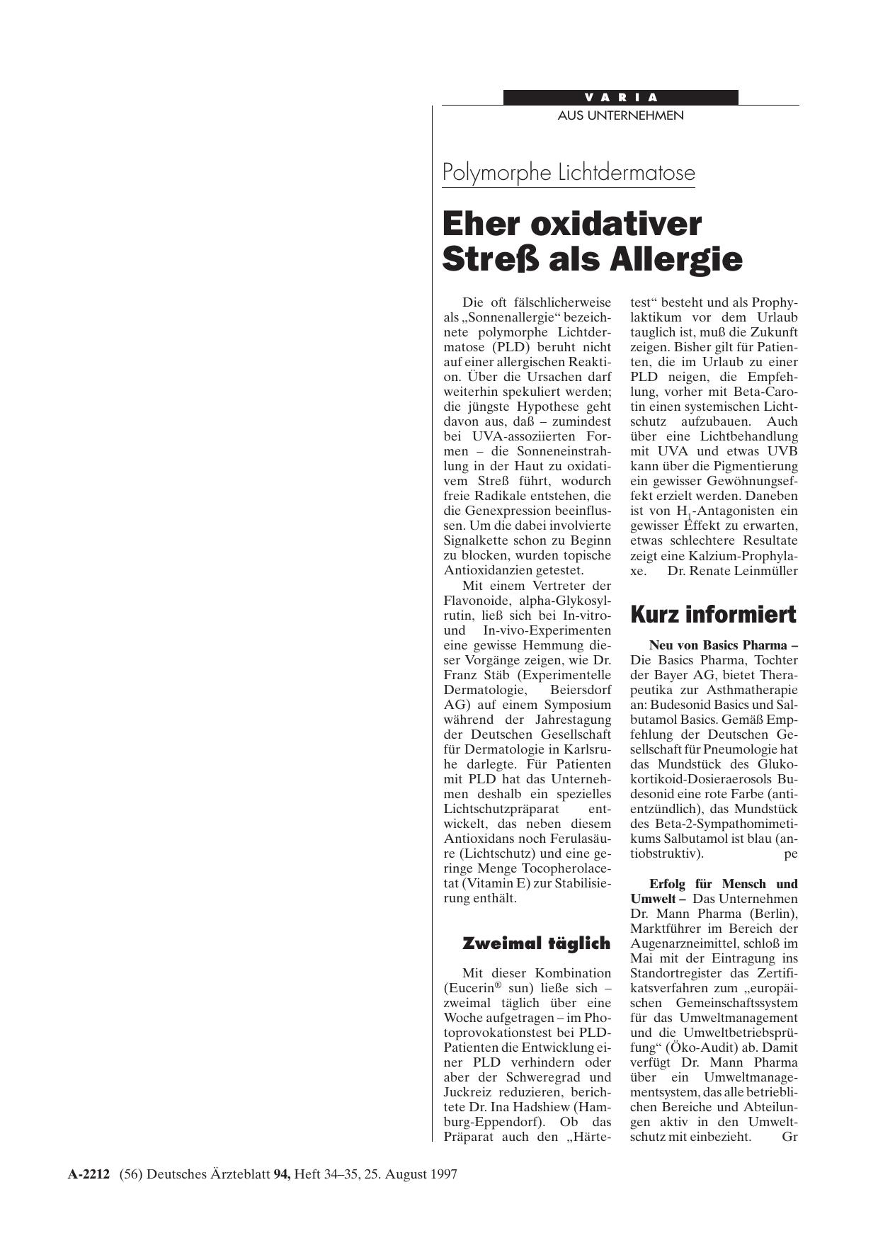 Vorschauseite 1: Polymorphe Lichtdermatose: Eher oxidativer Streß als Allergie