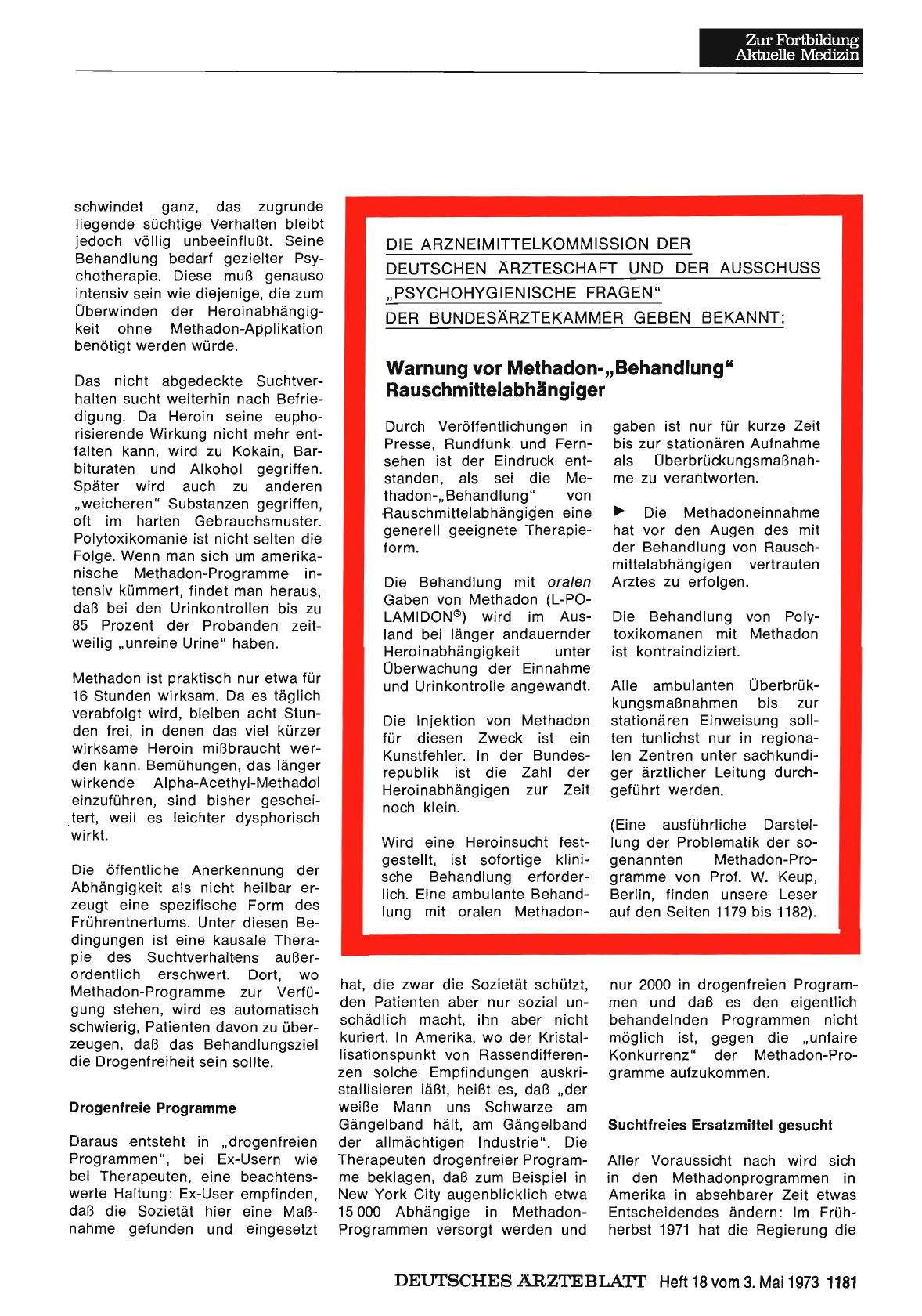 Vorschauseite 1: DIE ARZNEIMITTELKOMMISSION DER DEUTSCHEN ÄRZTESCHAFT UND DER AUSSCHUSS „PSYCHOHYGIENISCHE FRAGEN" DER BUNDESÄRZTEKAMMER GEBEN BEKANNT: Warnung vor Methadon-„Behandlung" Rauschmitt…