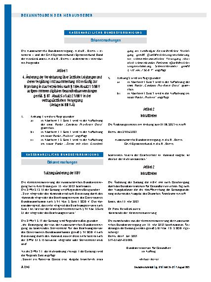 Vorschauseite 1: 4. Änderung der Vereinbarung über ärztliche Leistungen und deren Vergütung im Zusammenhang mit vorläufig zur Erprobung in das Verzeichnis nach § 139e Absatz 1 SGB V aufgenommenen…