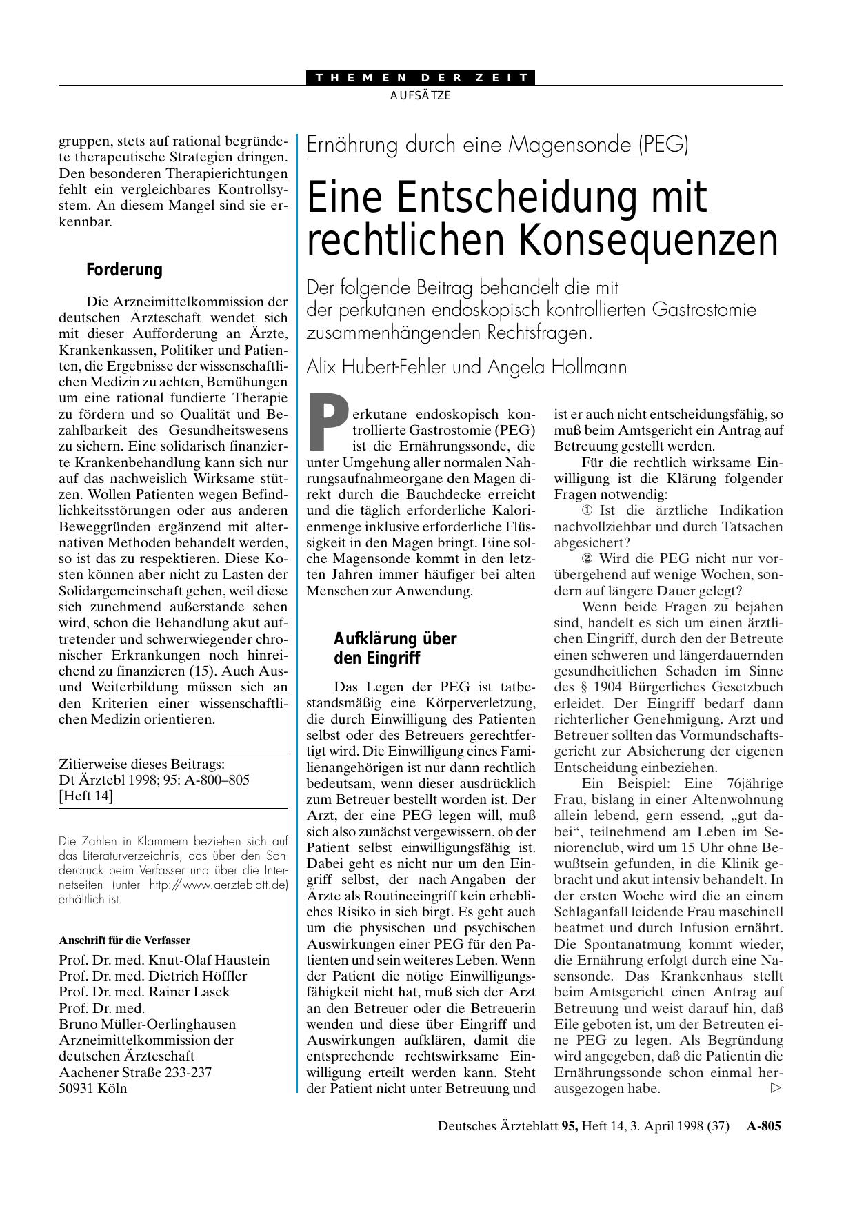 Vorschauseite 1: Ernährung durch eine Magensonde (PEG): Eine Entscheidung mit rechtlichen Konsequenzen