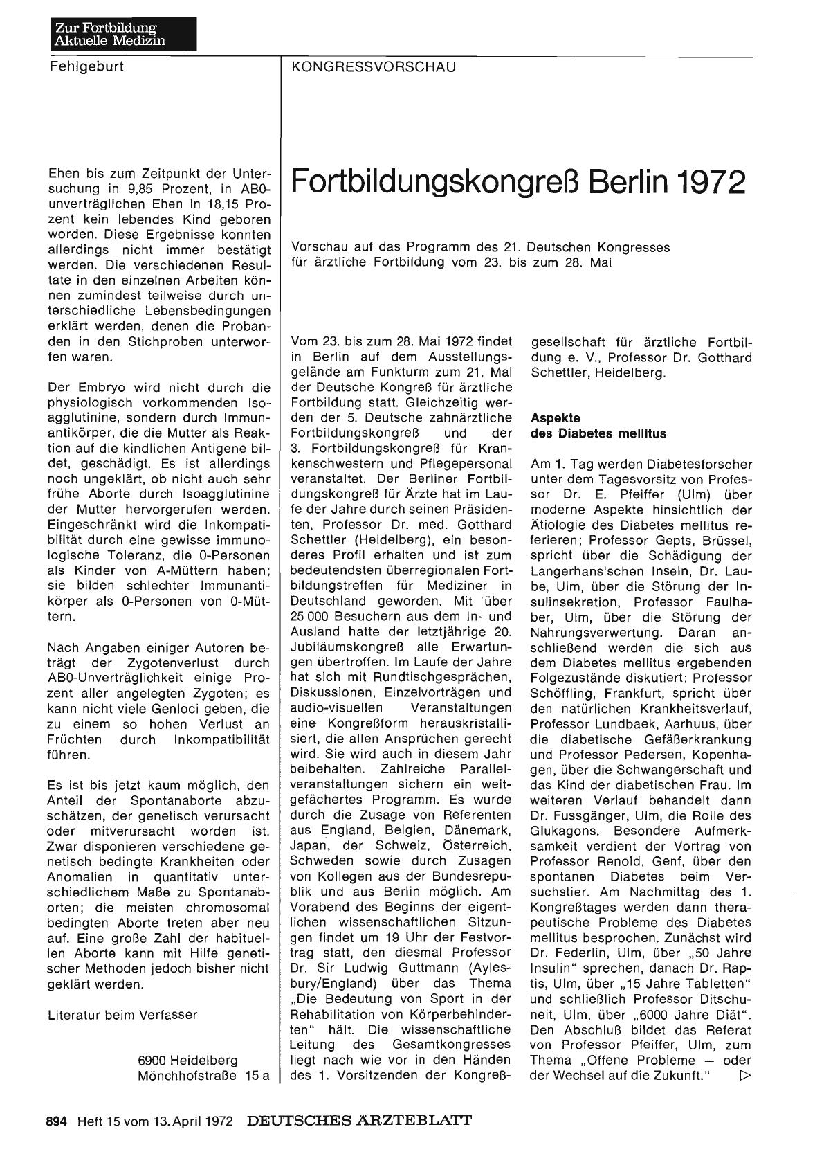 Vorschauseite 1: Fortbildungskongreß Berlin 1972: Vorschau auf das Programm des 21. Deutschen Kongresses für ärztliche Fortbildung vom 23. bis zum 28. Mai