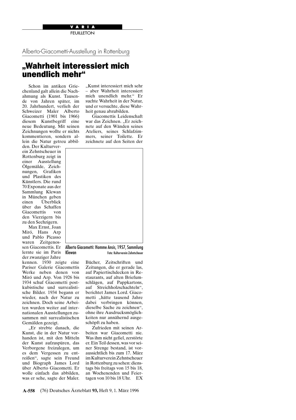 Vorschauseite 1: Alberto-Giacometti-Ausstellung in Rottenburg: „Wahrheit interessiert mich unendlich mehr“