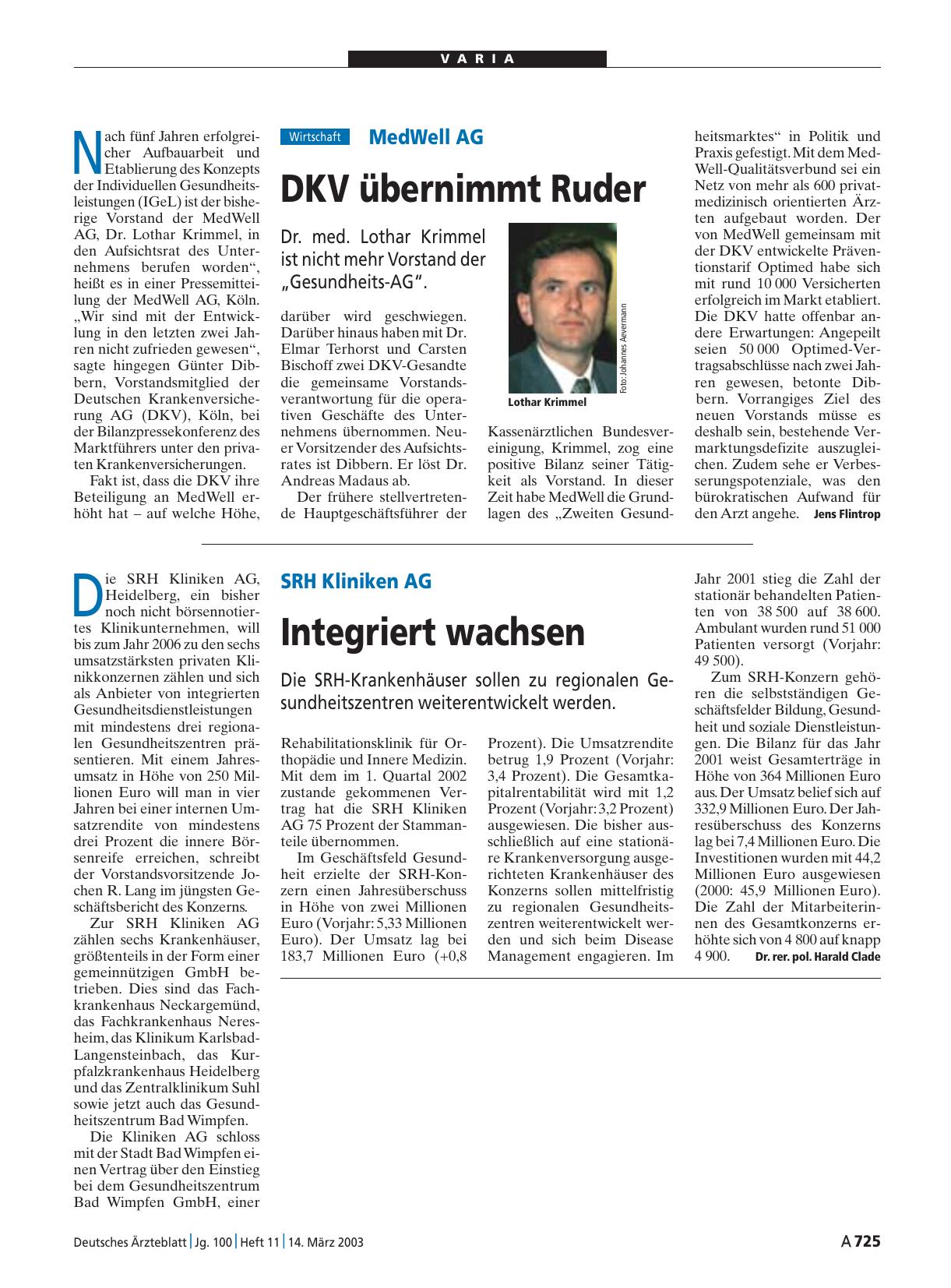 Vorschauseite 1: SRH Kliniken AG: Integriert wachsen