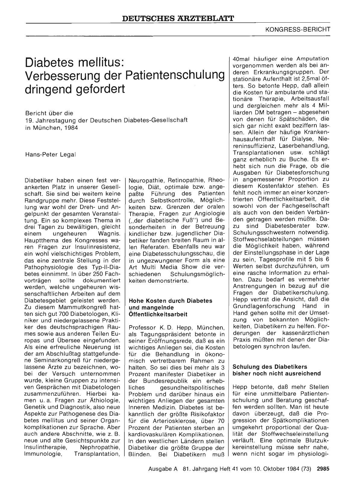 Vorschauseite 1: Diabetes mellitus: Verbesserung der Patientenschulung dringend gefordert: Bericht über die 19. Jahrestagung der Deutschen Diabetes-Gesellschaft in München, 1984
