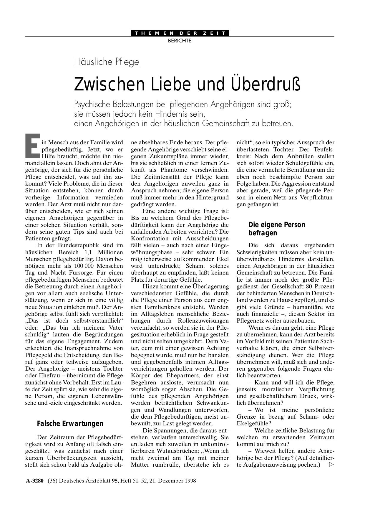 Vorschauseite 1: Häusliche Pflege: Zwischen Liebe und Überdruß