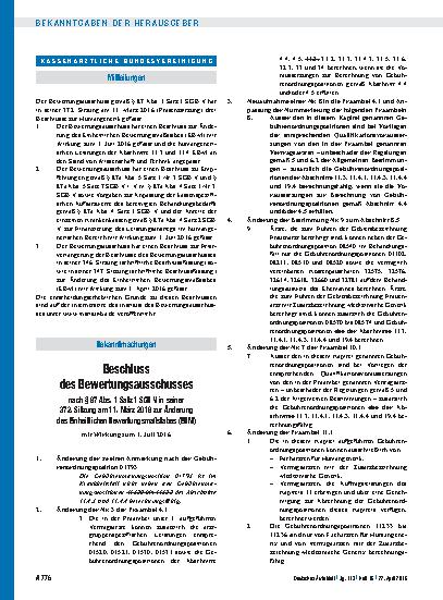 Vorschauseite 1: Beschluss des Bewertungsausschusses nach § 87 Abs. 1 Satz 1 SGB V in seiner 372. Sitzung am 11. März 2016 zur Änderung des Einheitlichen Bewertungsmaßstabes (EBM)