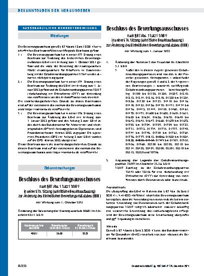 Vorschauseite 1: Beschluss des Bewertungsausschusses nach § 87 Abs. 1 Satz 1 SGB V in seiner 573. Sitzung und 574. Sitzung (schriftliche Beschlussfassung) zur Änderung des Einheitlichen Bewertungs…