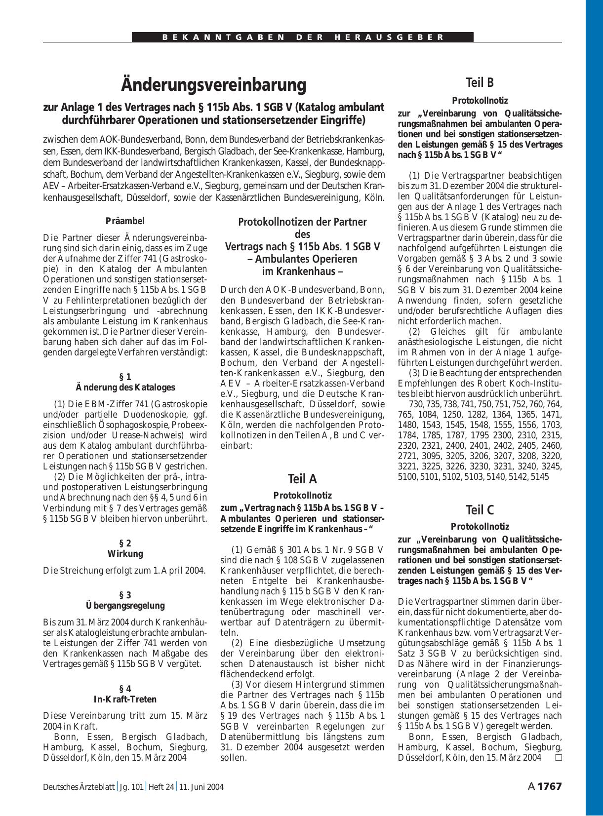 Vorschauseite 1: Änderungsvereinbarung zur Anlage 1 des Vertrages nach § 115b Abs. 1 SGB V (Katalog ambulant durchführbarer Operationen und stationsersetzender Eingriffe)