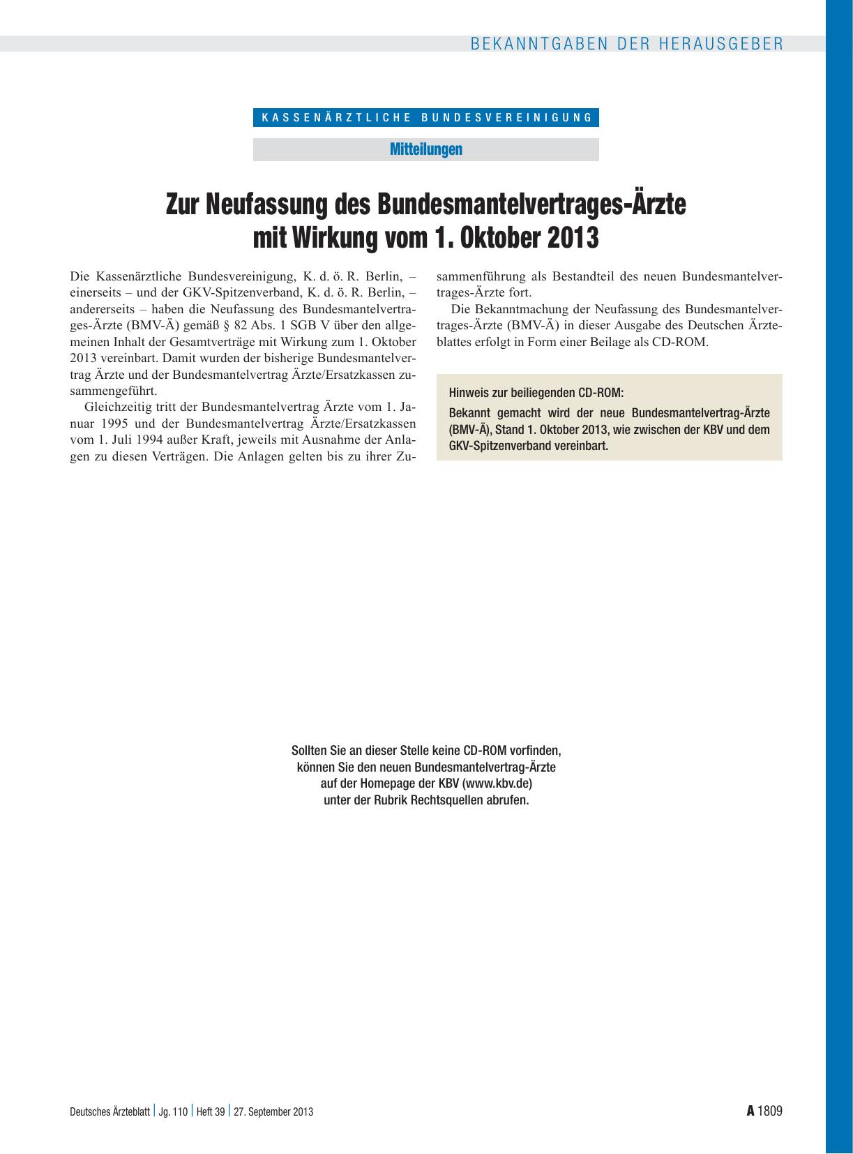Vorschauseite 1: Zur Neufassung des Bundesmantelvertrages-Ärzte mit Wirkung vom 1. Oktober 2013
