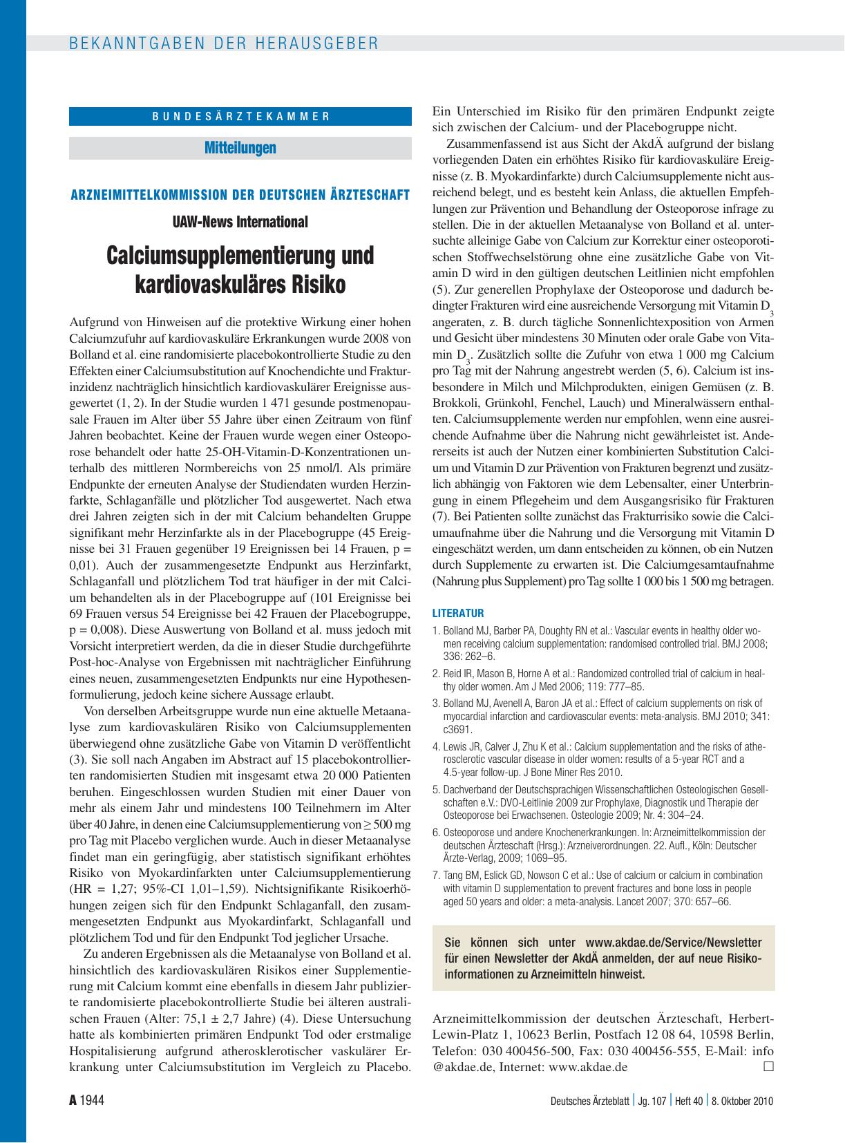 Vorschauseite 1: Arzneimittelkommission der deutschen Ärzteschaft: UAW-News International – Calciumsupplementierung und kardiovaskuläres Risiko