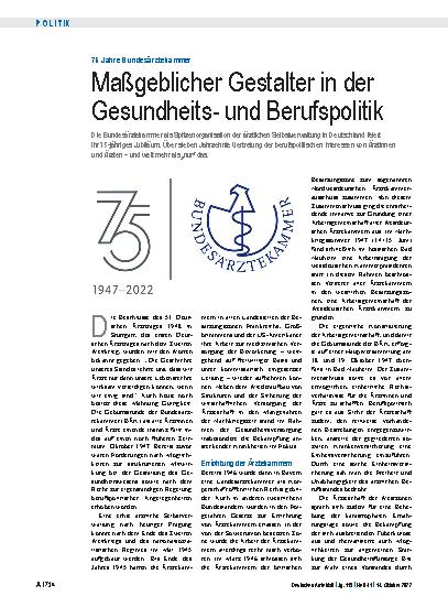 Vorschauseite 1: 75 Jahre Bundesärztekammer: Maßgeblicher Gestalter in der Gesundheitsund Berufspolitik