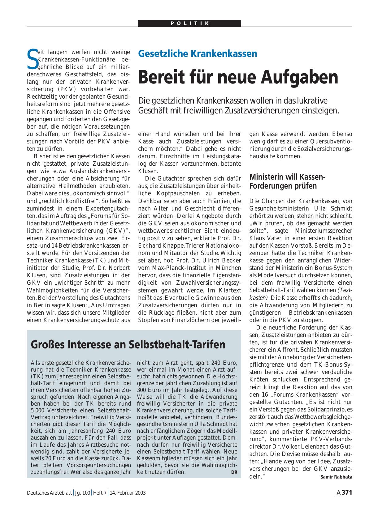 Vorschauseite 1: Gesetzliche Krankenkassen: Bereit für neue Aufgaben