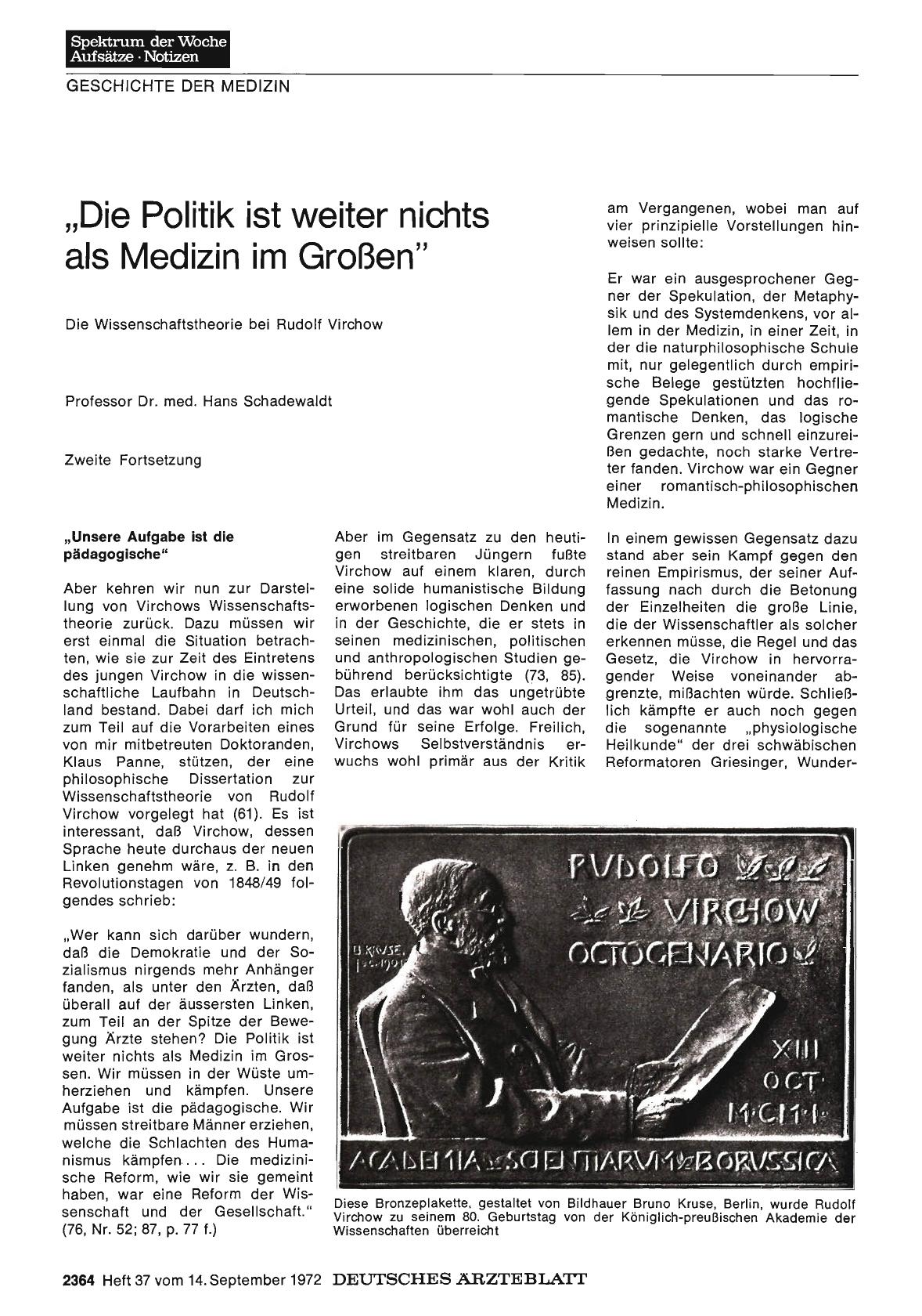 Vorschauseite 1: „Die Politik ist weiter nichts als Medizin im Großen": Die Wissenschaftstheorie bei Rudolf Virchow — Zweite Fortsetzung
