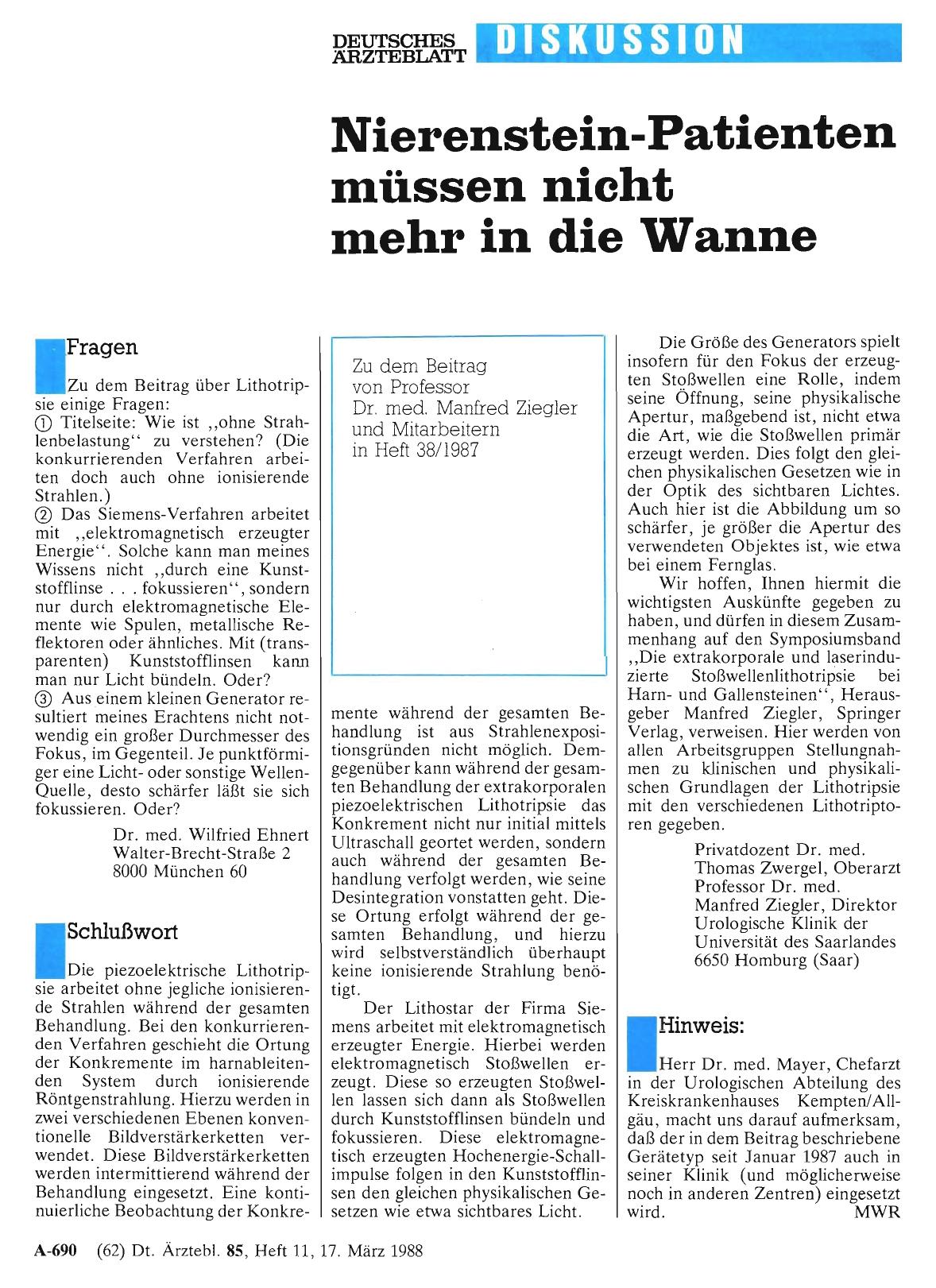 Vorschauseite 1: Nierenstein-Patienten müssen nicht mehr in die Wanne: Schlußwort