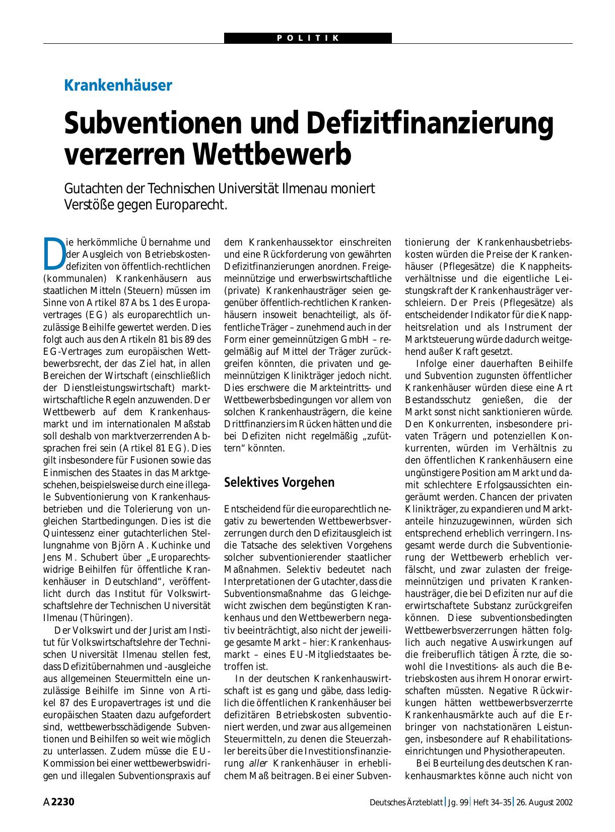 Vorschauseite 1: Krankenhäuser: Subventionen und Defizitfinanzierung verzerren Wettbewerb