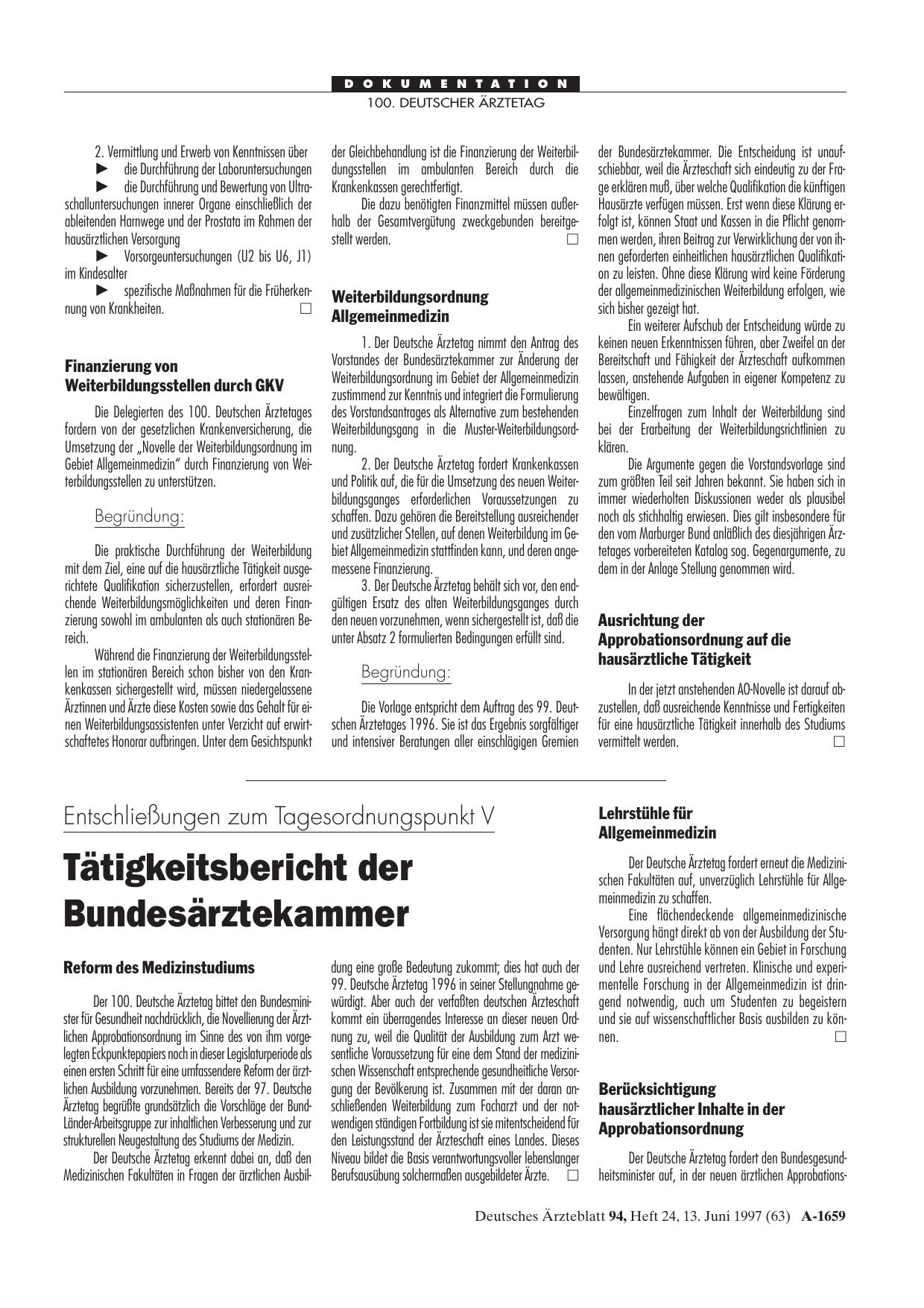 Vorschauseite 1: Entschließungen zum Tagesordnungspunkt V: Tätigkeitsbericht der Bundesärztekammer