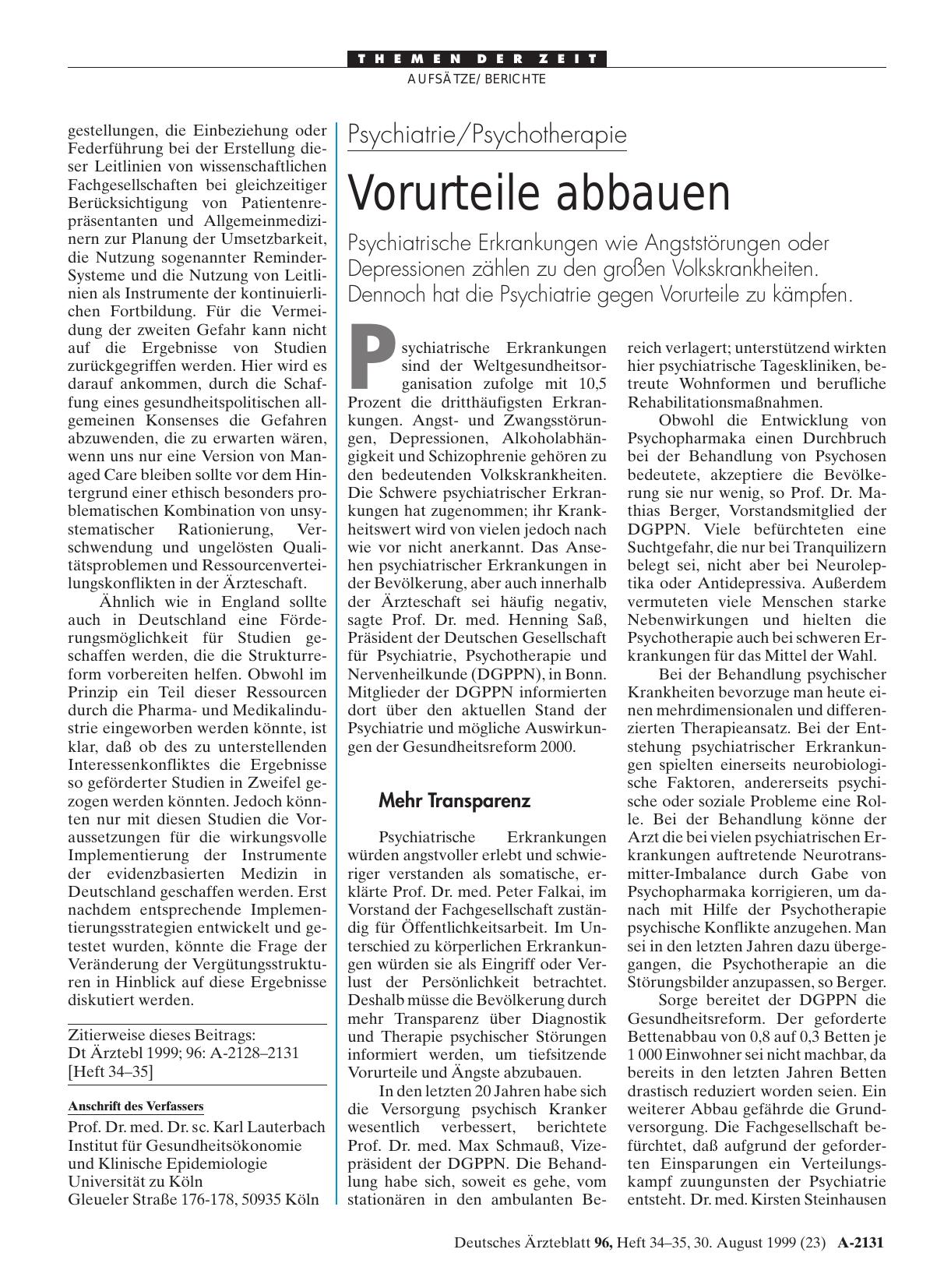 Vorschauseite 1: Psychiatrie/Psychotherapie: Vorurteile abbauen