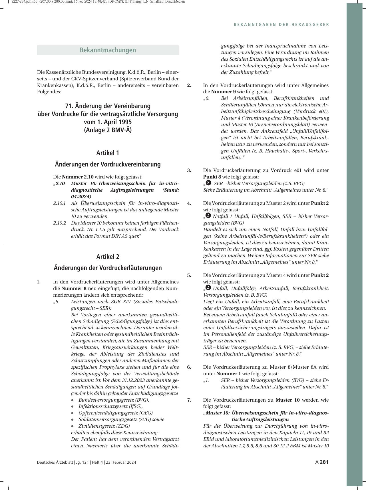 Vorschauseite 1: 71. Änderung der Vereinbarung über Vordrucke für die vertragsärztliche Versorgung vom 1. April 1995 (Anlage 2 BMV-Ä)